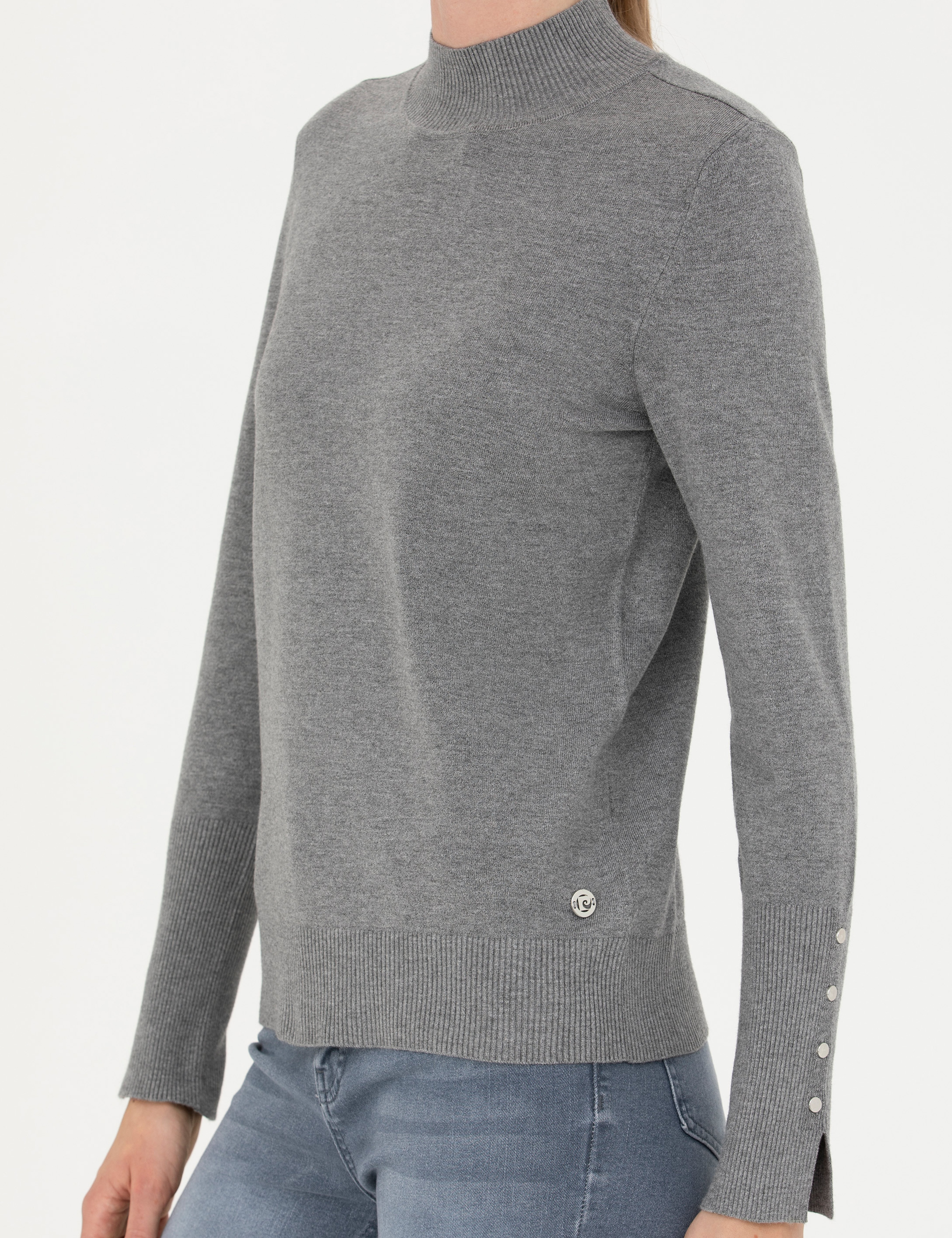 Gri Melanj Slim Fit Yarım Balıkçı Yaka Kazak