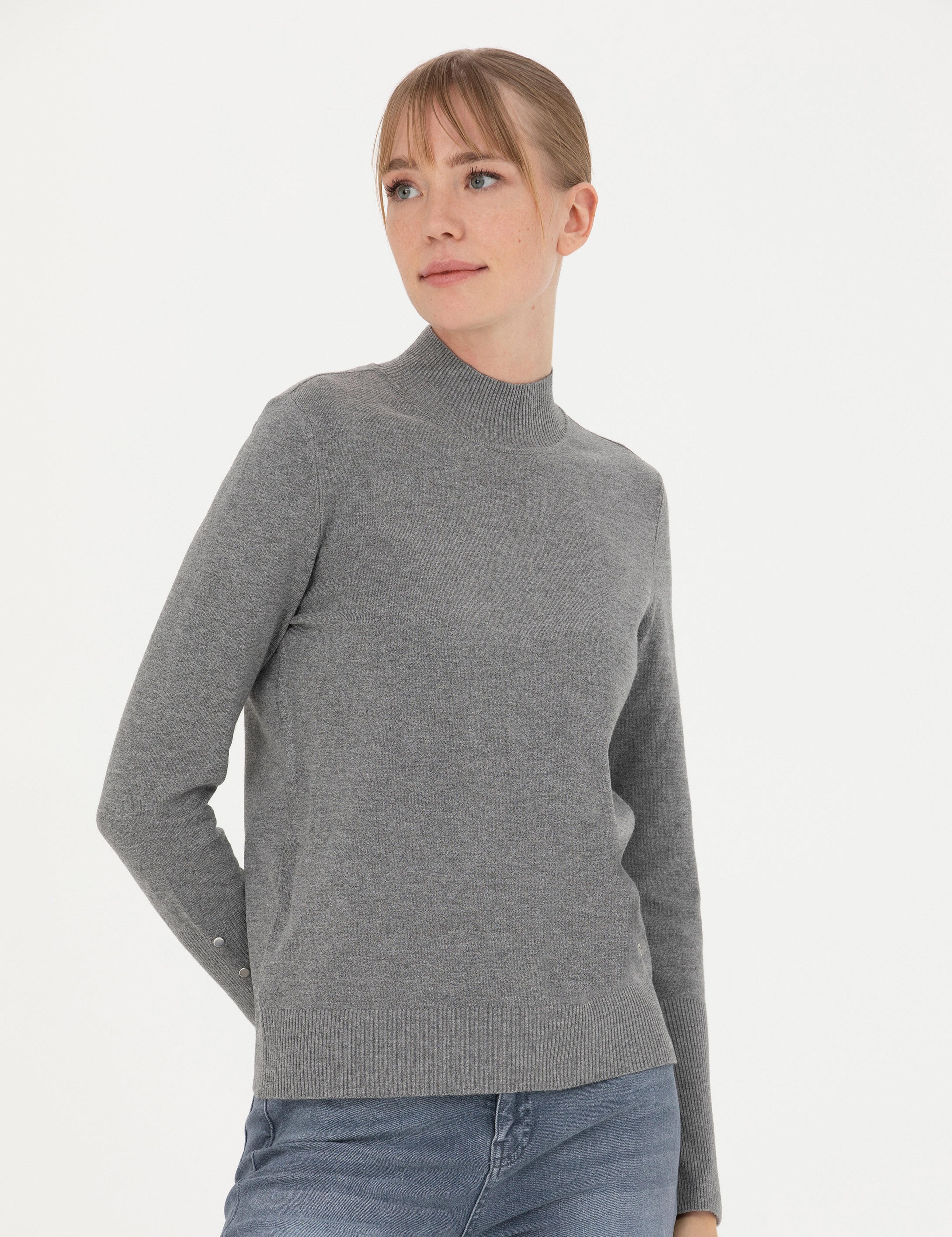 Gri Melanj Slim Fit Yarım Balıkçı Yaka Kazak - Image 3