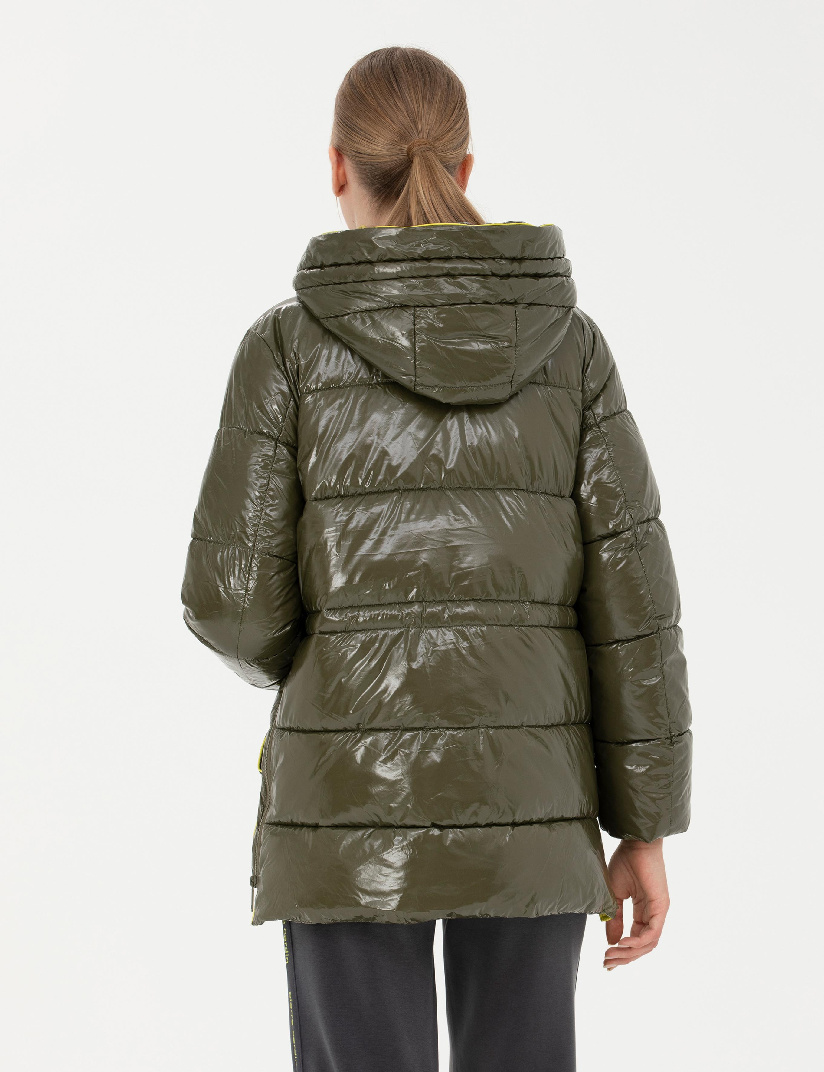 Haki Kapüşonlu Parlak Mont