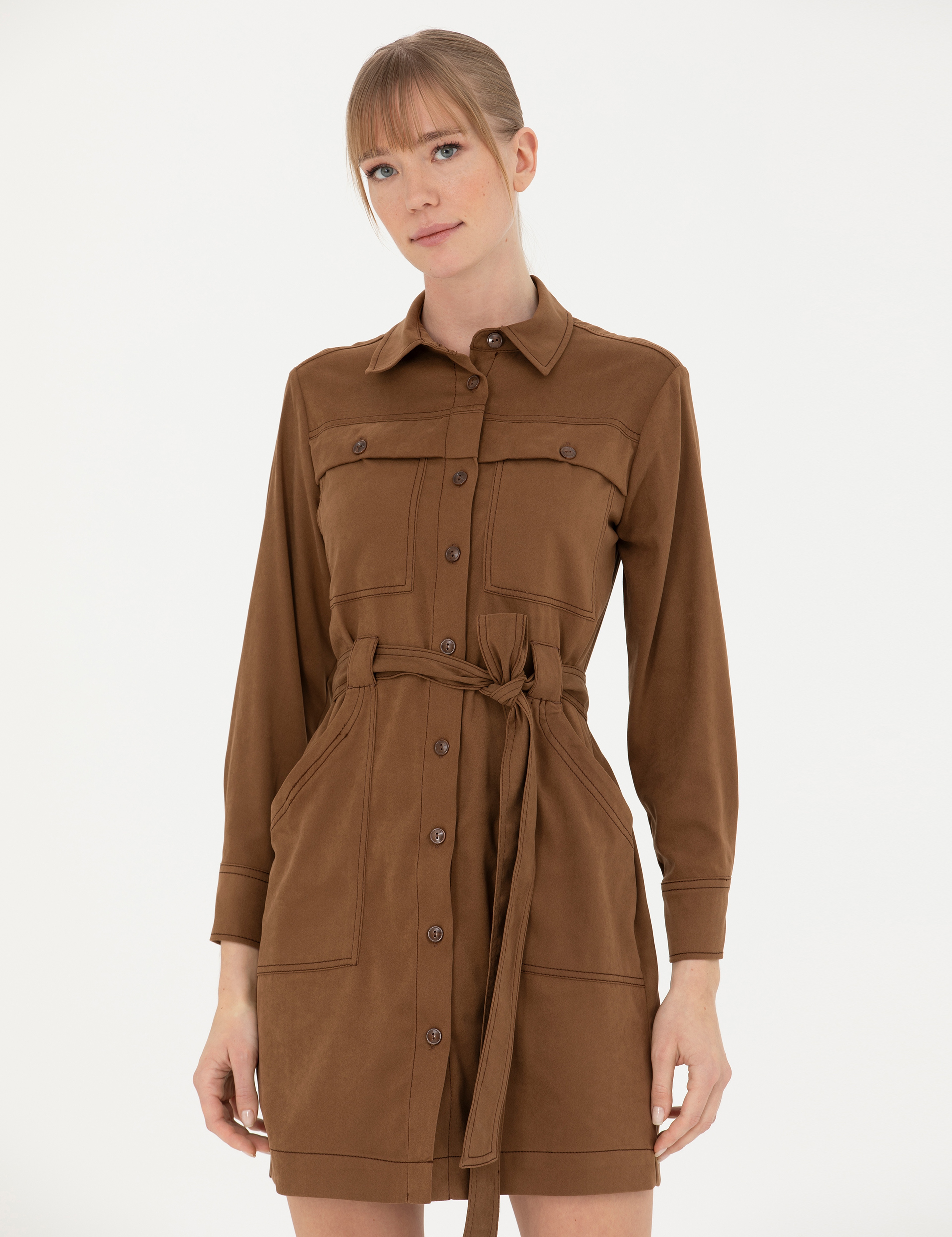 Camel Regular Fit Dokuma Elbise - Image 2