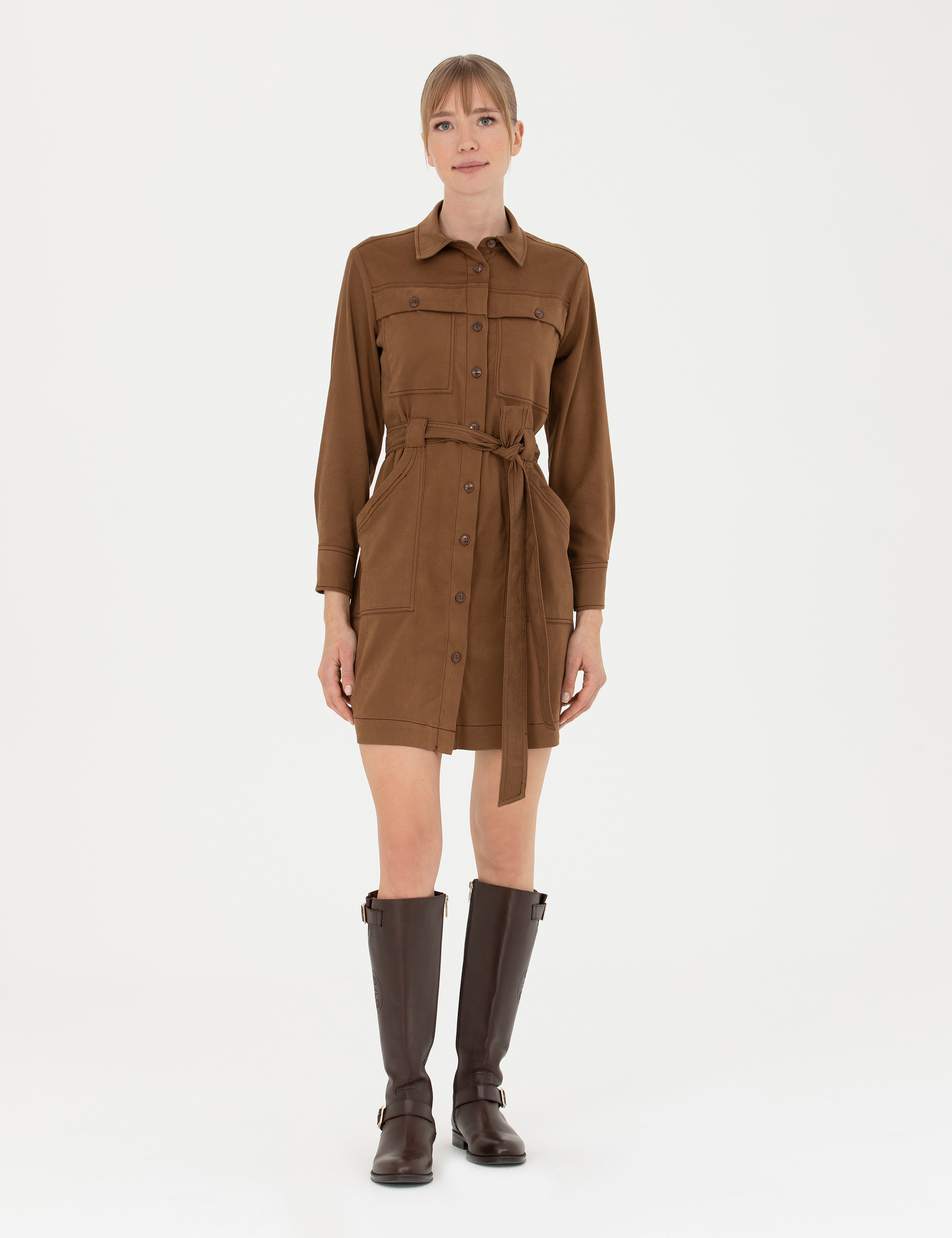 Camel Regular Fit Dokuma Elbise - Image 3
