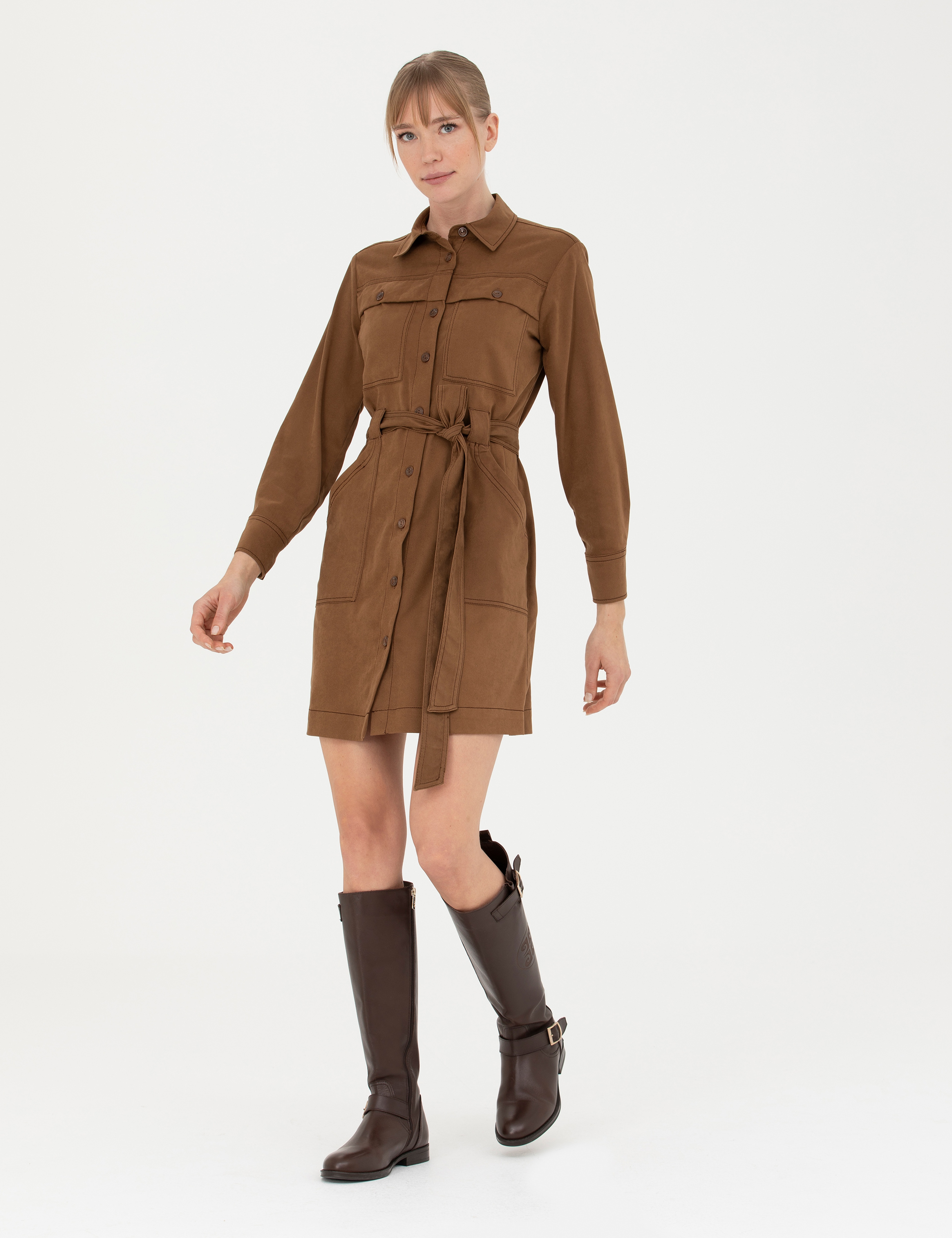 Camel Regular Fit Dokuma Elbise - Image 1