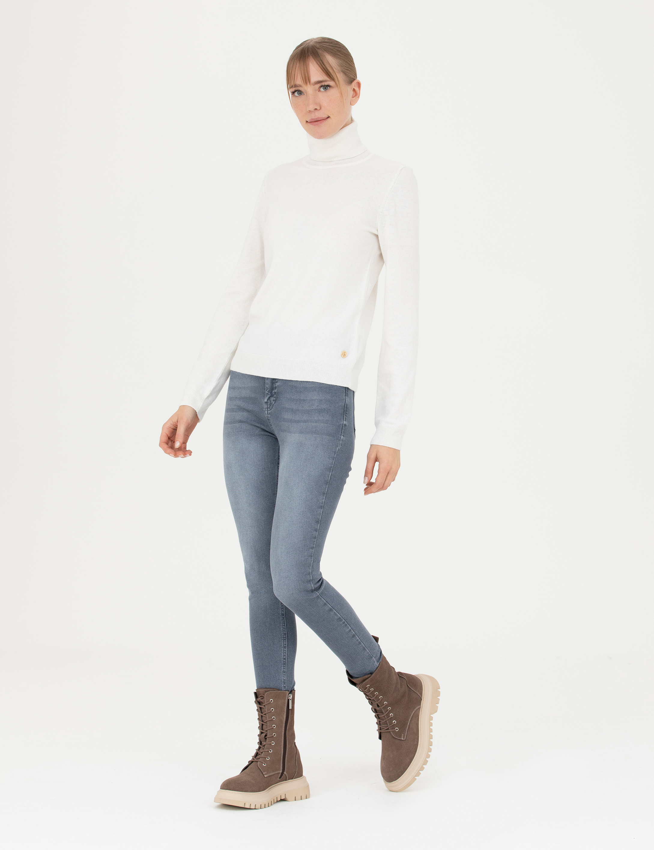 Krem Slim Fit Balıkçı Yaka Kazak - Image 4