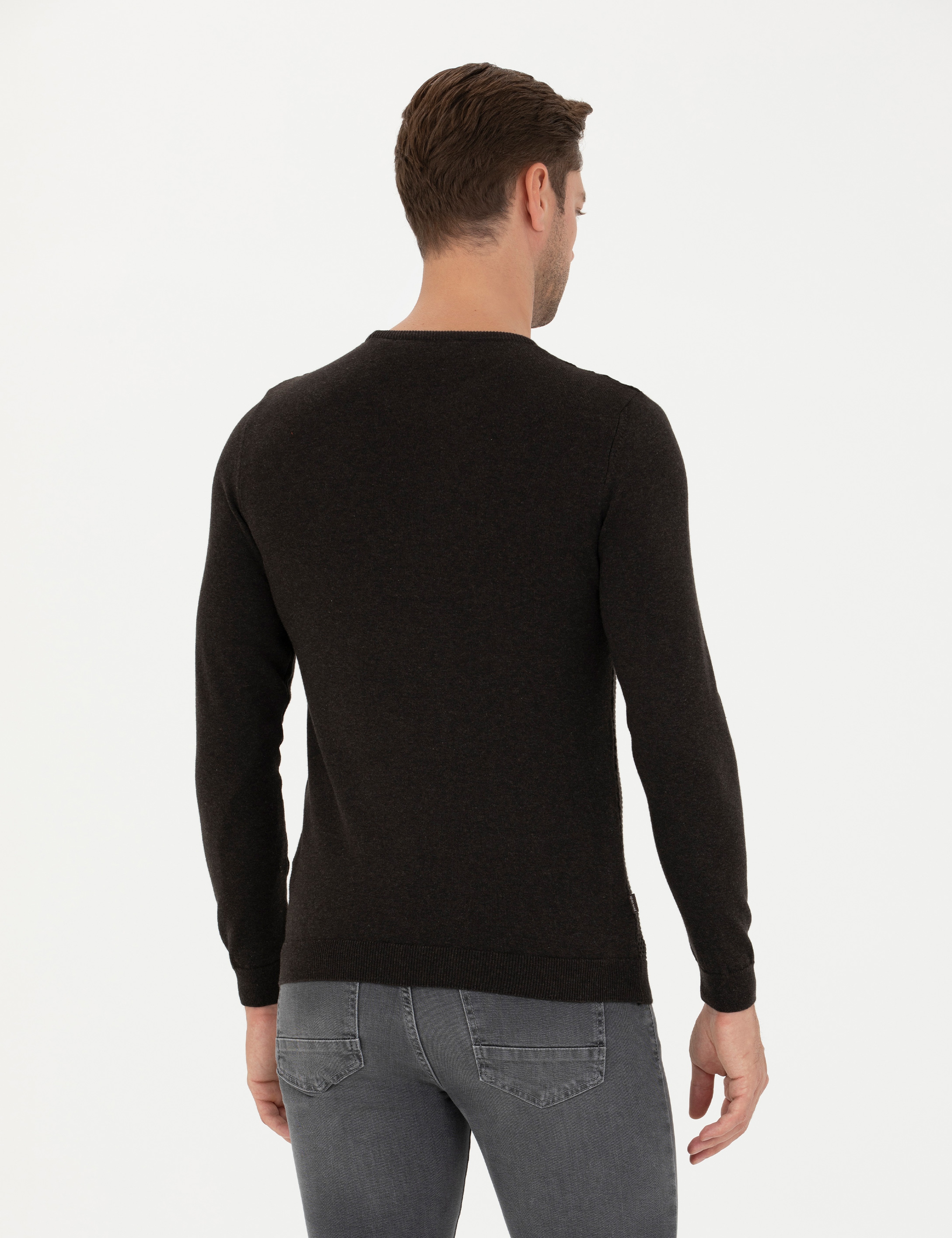 Kahverengi Slim Fit Bisiklet Yaka Triko Kazak - Image 5