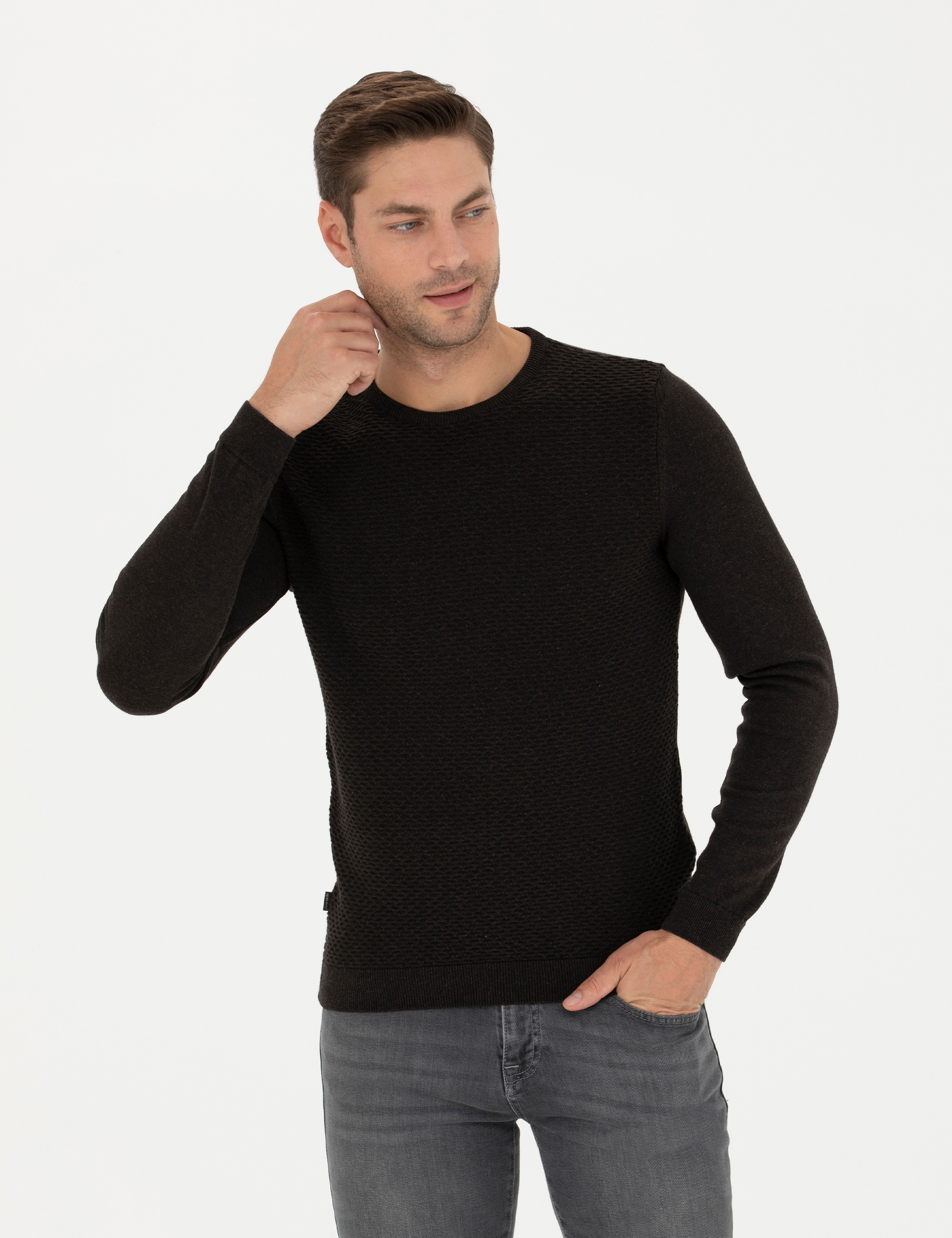 Kahverengi Slim Fit Bisiklet Yaka Triko Kazak