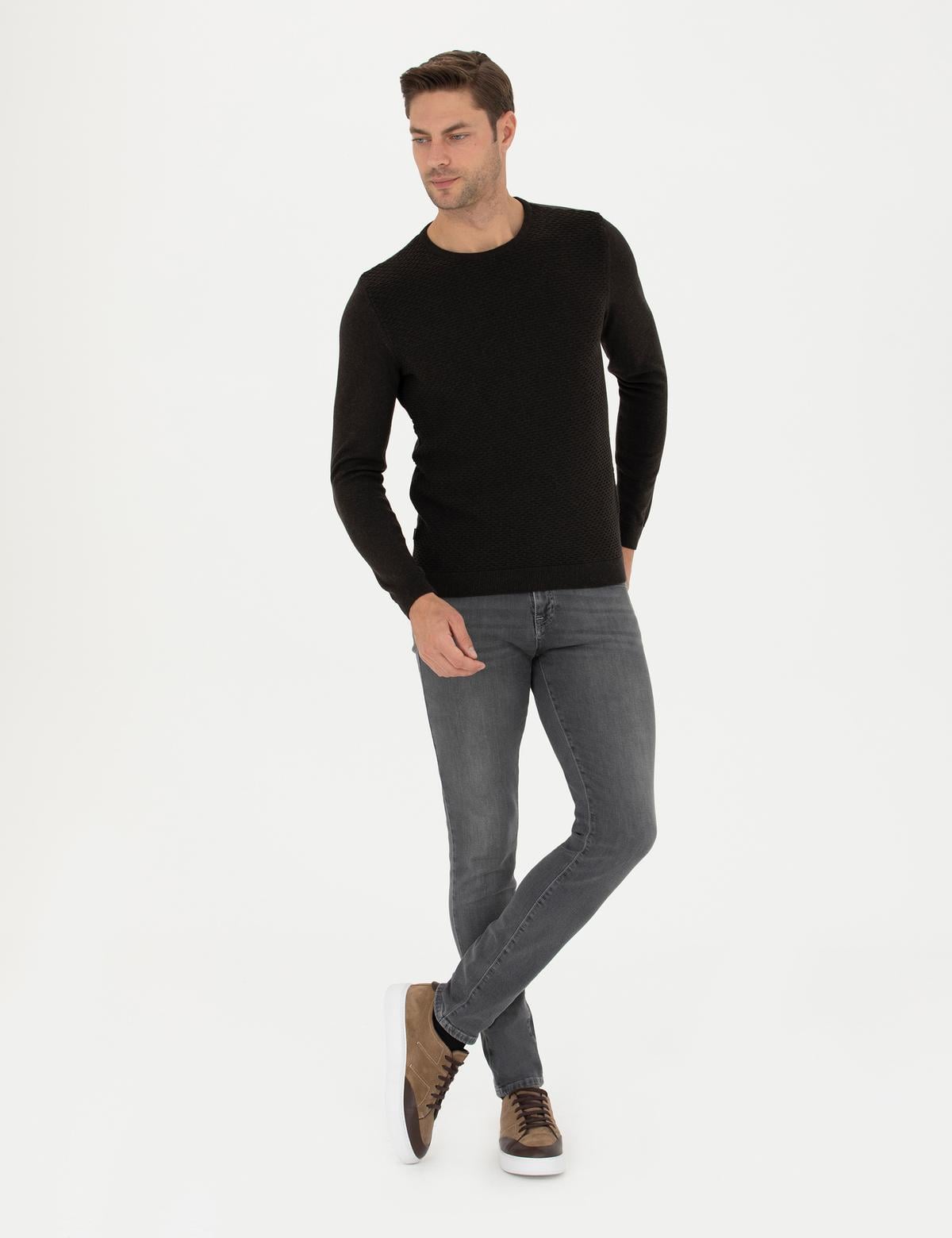 Kahverengi Slim Fit Bisiklet Yaka Triko Kazak - 50281819048