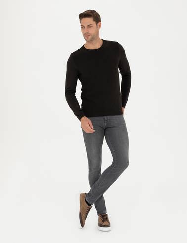 Kahverengi Slim Fit Bisiklet Yaka Triko Kazak