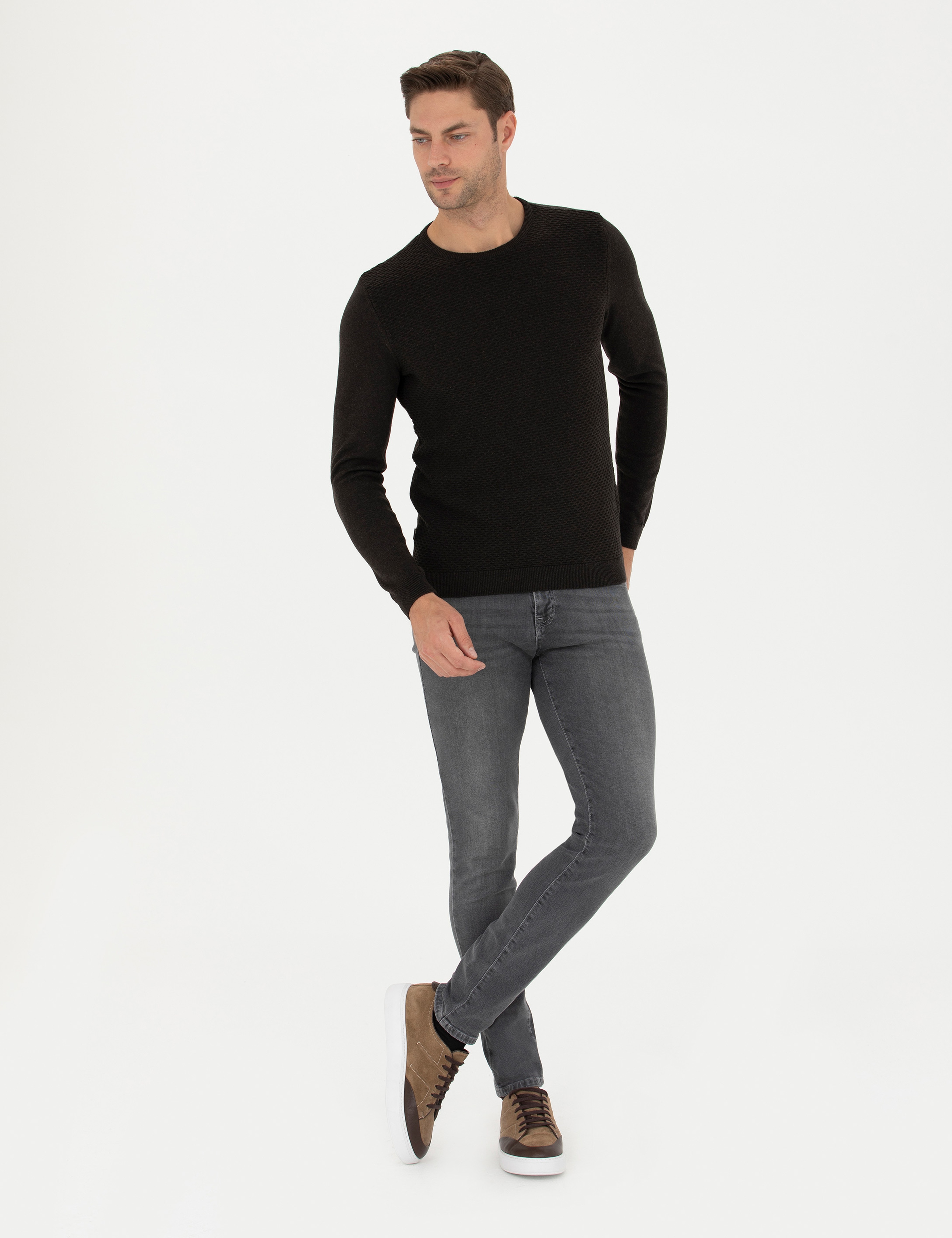 Kahverengi Slim Fit Bisiklet Yaka Triko Kazak