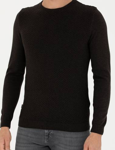 Kahverengi Slim Fit Bisiklet Yaka Triko Kazak