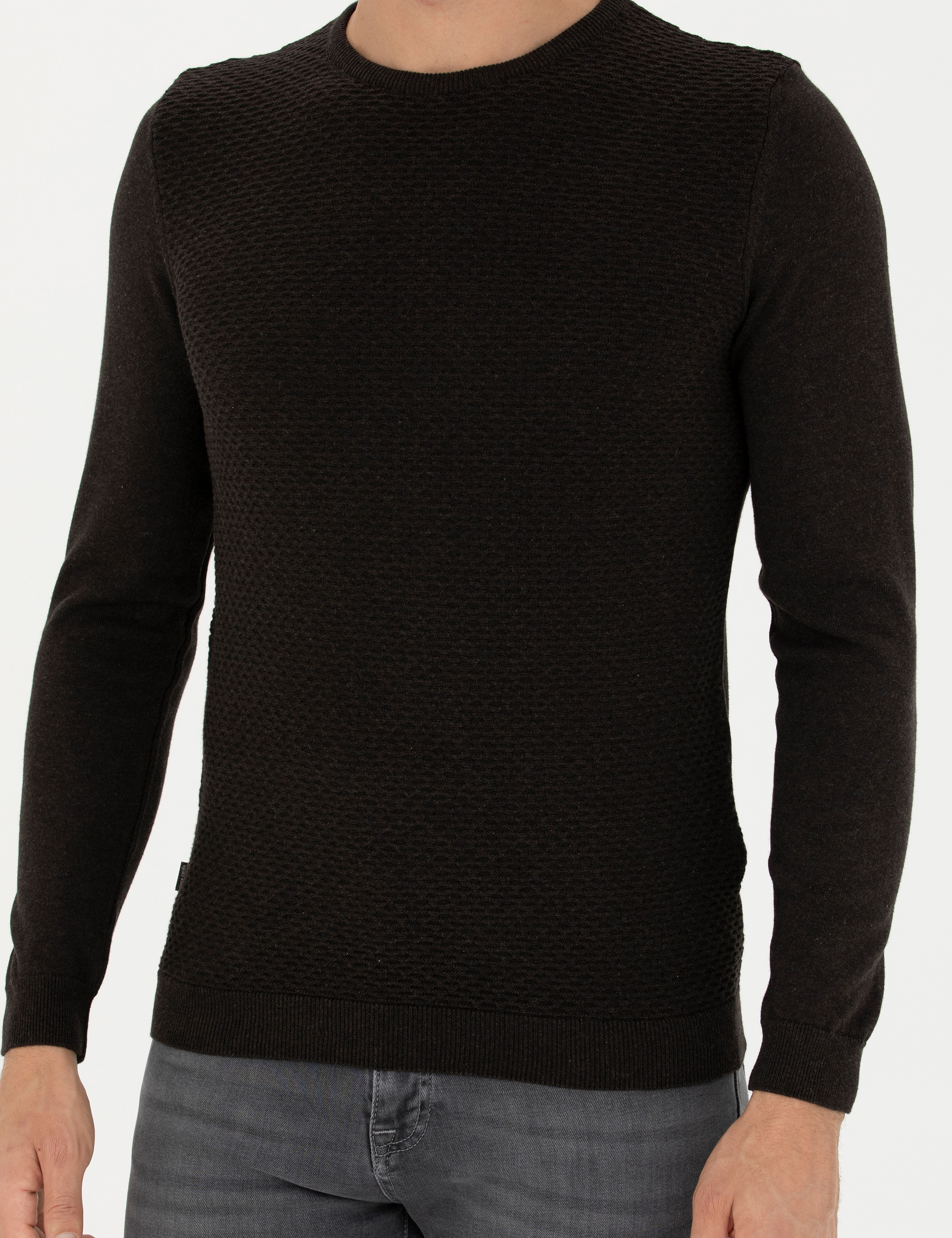 Kahverengi Slim Fit Bisiklet Yaka Triko Kazak - Image 6