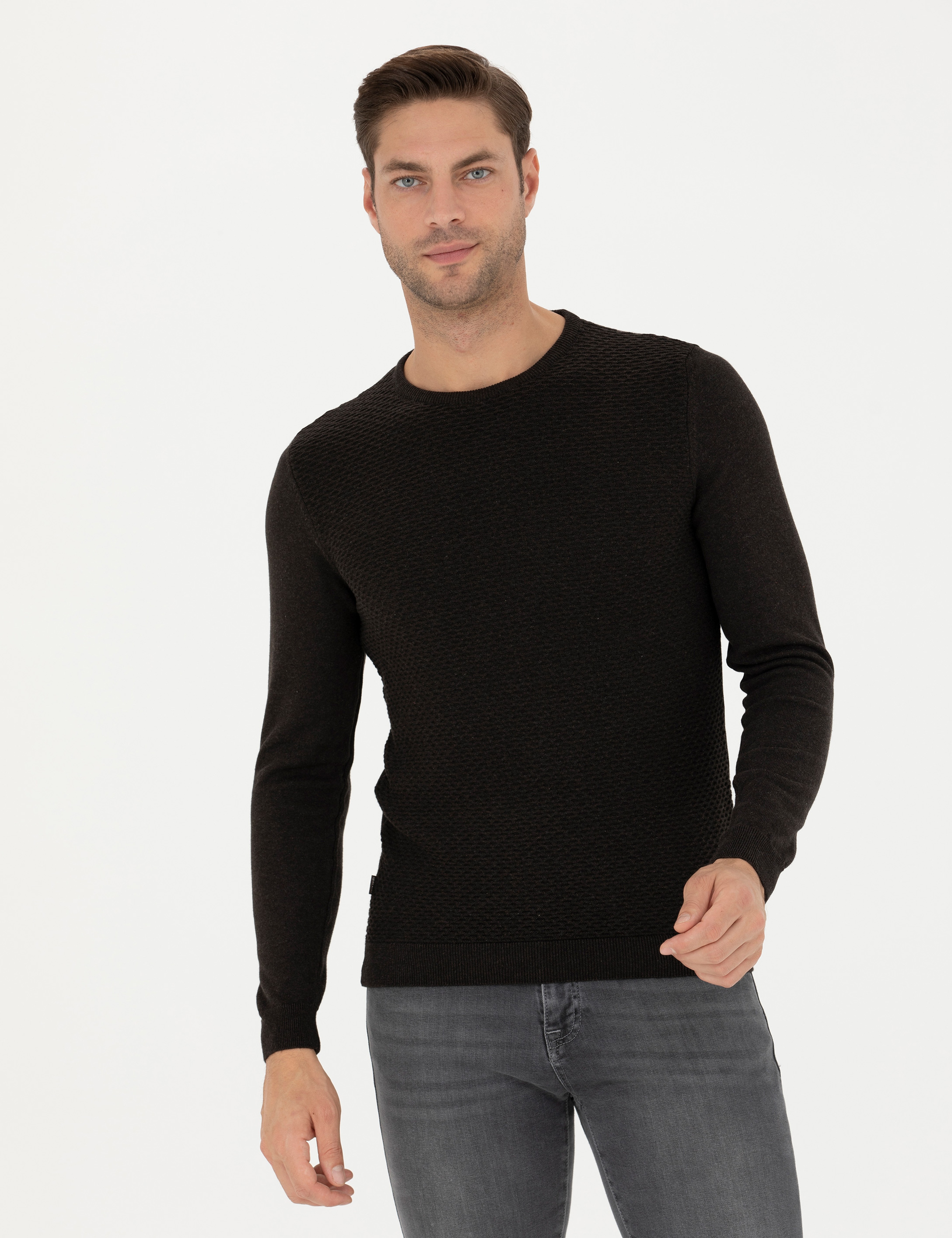 Kahverengi Slim Fit Bisiklet Yaka Triko Kazak