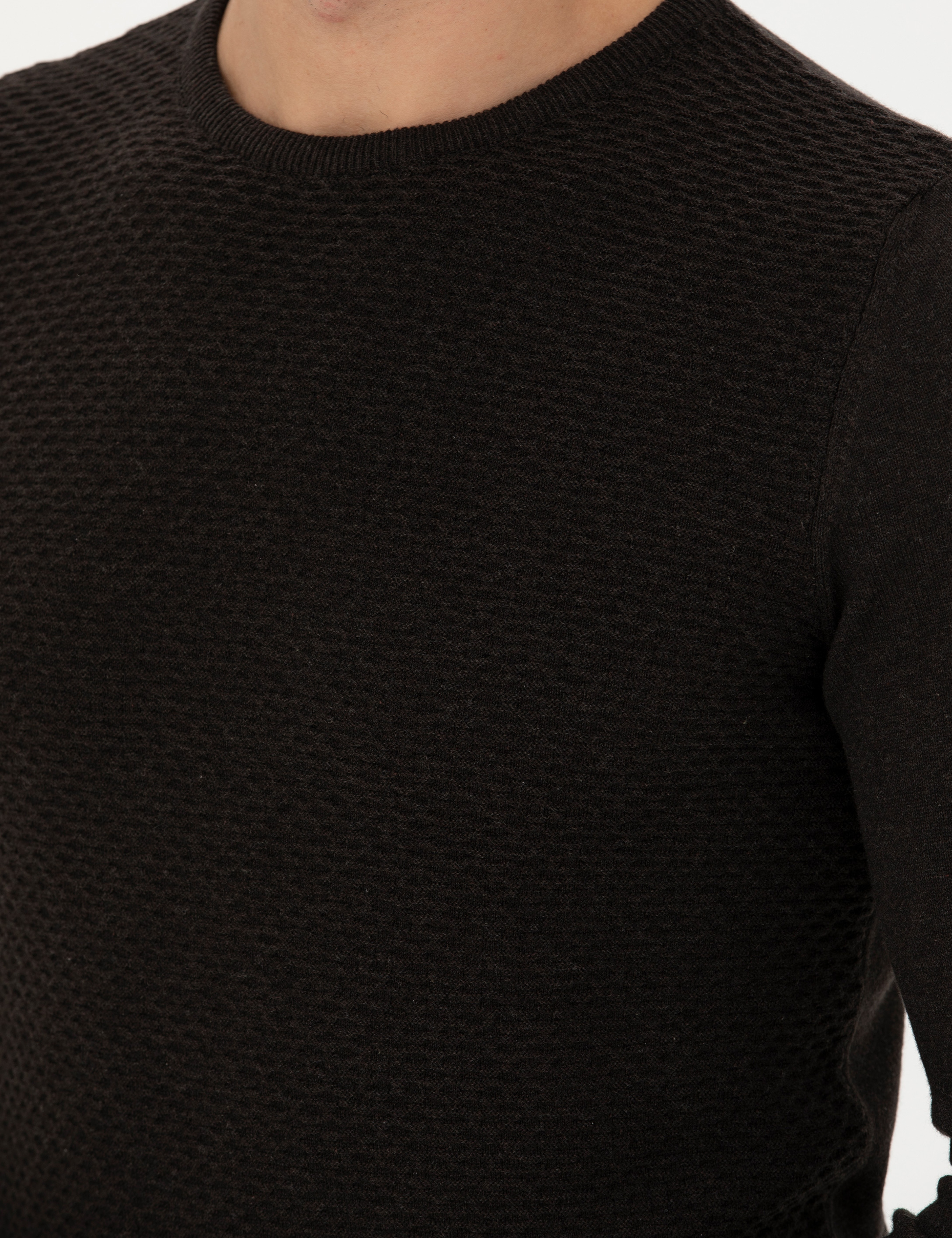 Kahverengi Slim Fit Bisiklet Yaka Triko Kazak