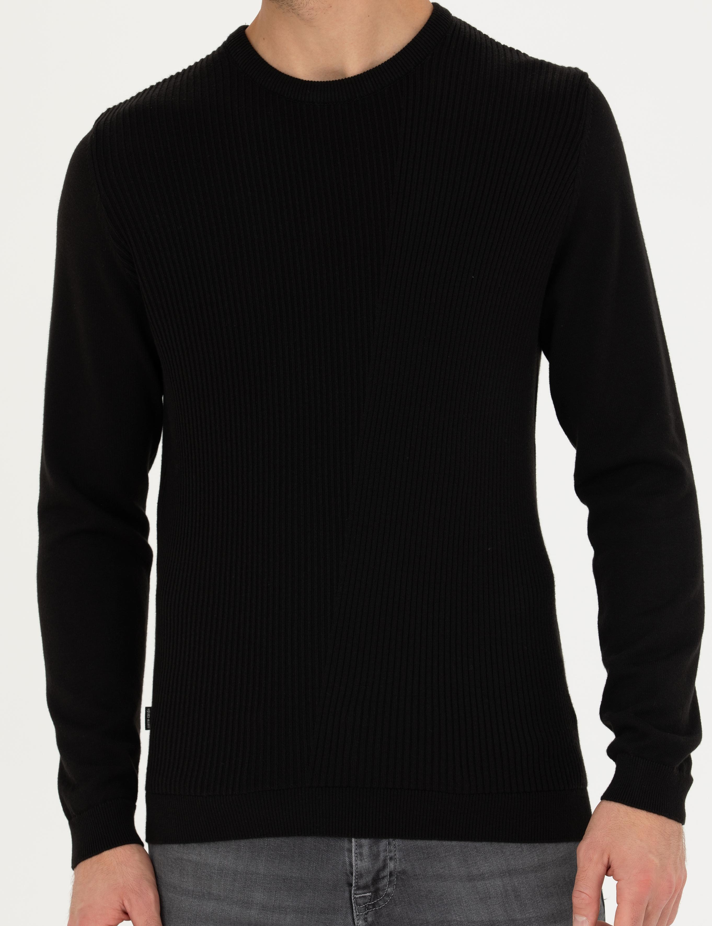 Siyah Slim Fit Bisiklet Yaka Triko Kazak