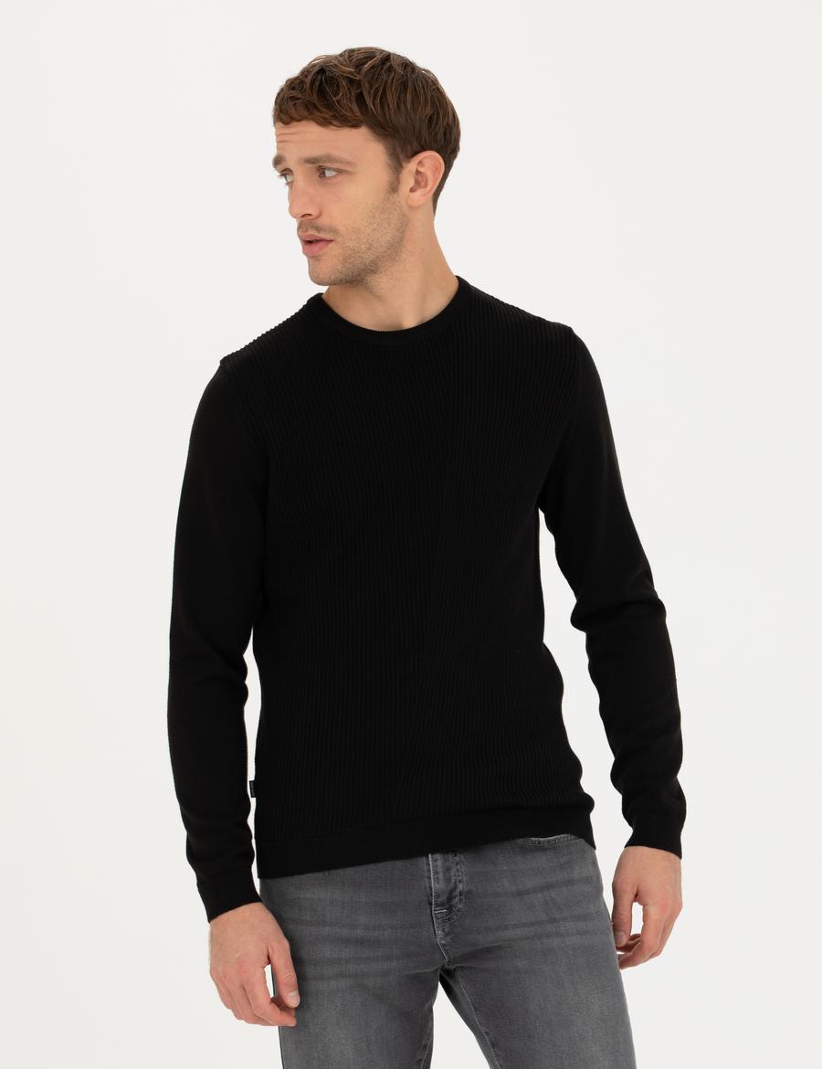 Siyah Slim Fit Bisiklet Yaka Triko Kazak