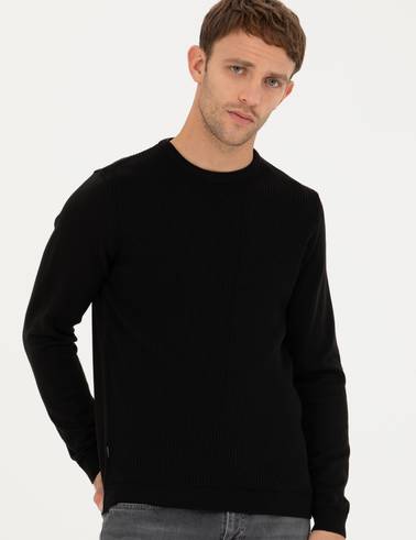 Siyah Slim Fit Bisiklet Yaka Triko Kazak