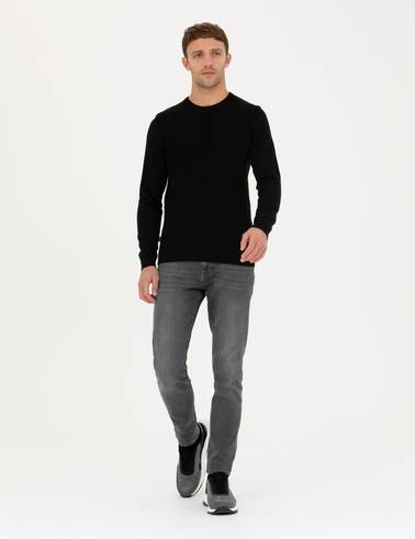 Siyah Slim Fit Bisiklet Yaka Triko Kazak