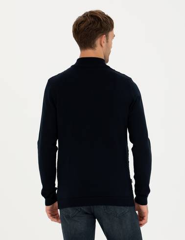Lacivert Slim Fit Fermuarlı Dik Yaka Triko Kazak