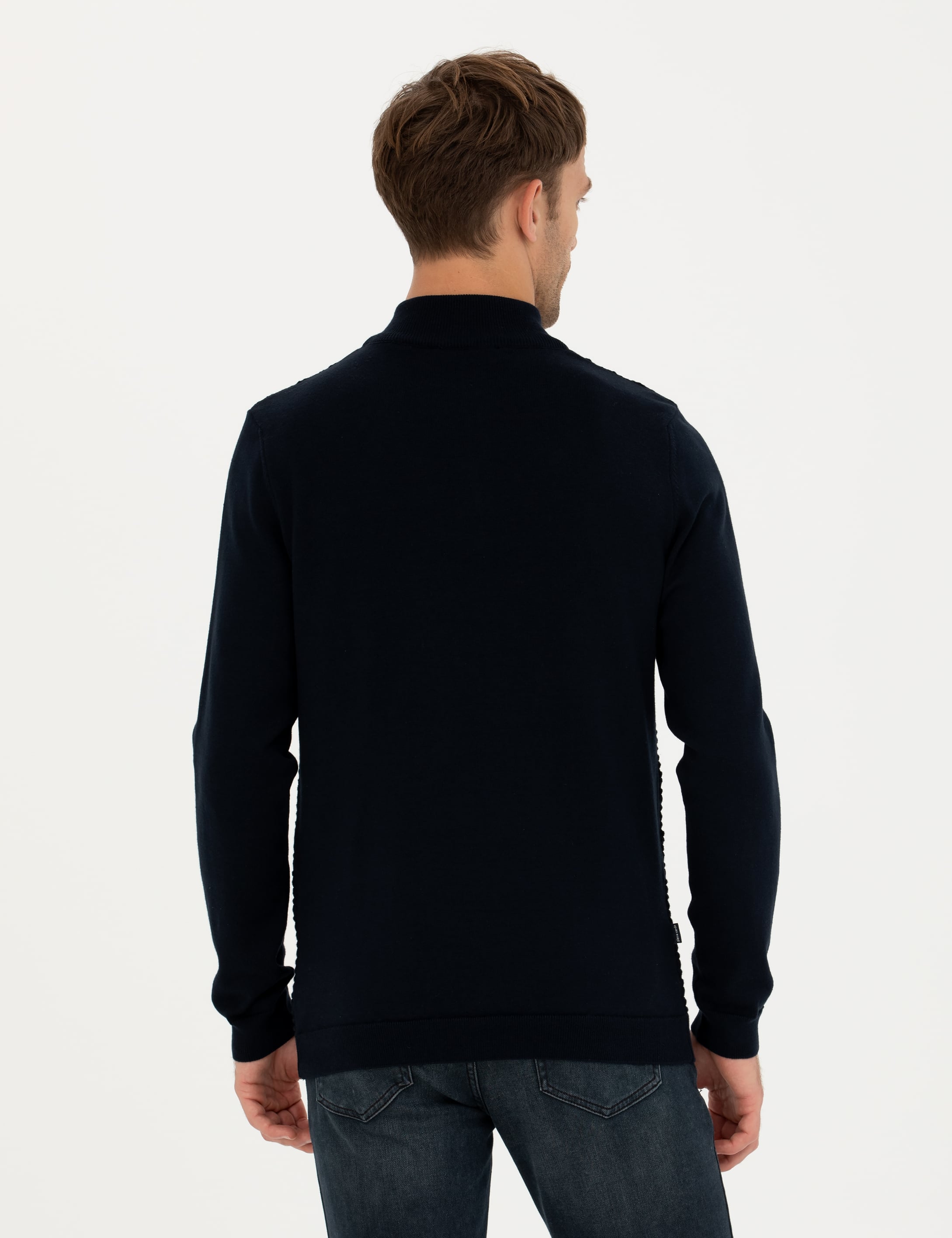 Lacivert Slim Fit Fermuarlı Dik Yaka Triko Kazak - Image 5