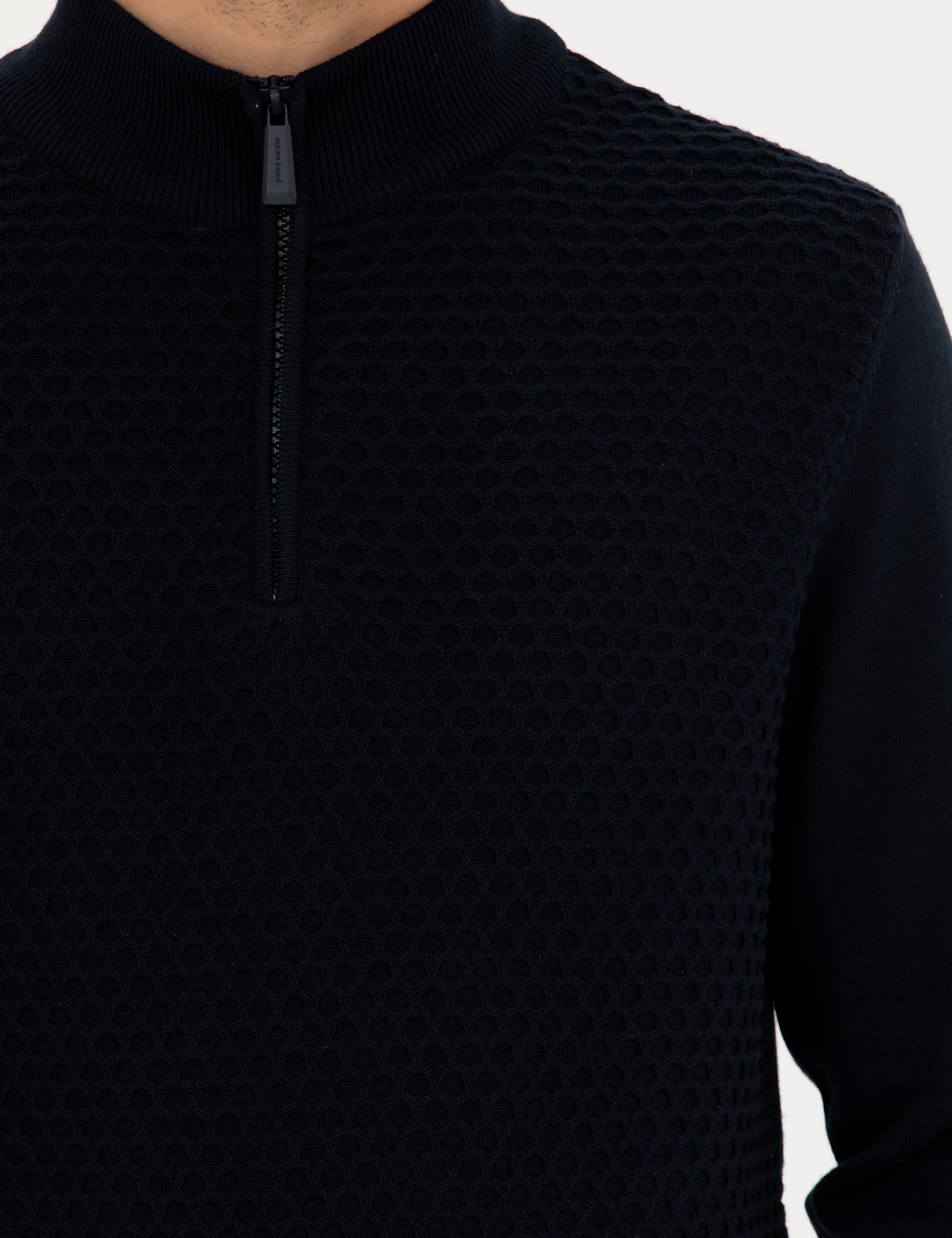 Lacivert Slim Fit Fermuarlı Dik Yaka Triko Kazak