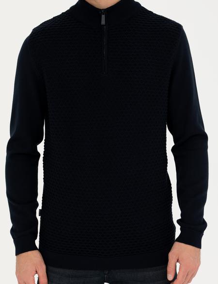 Lacivert Slim Fit Fermuarlı Dik Yaka Triko Kazak - 50281824001