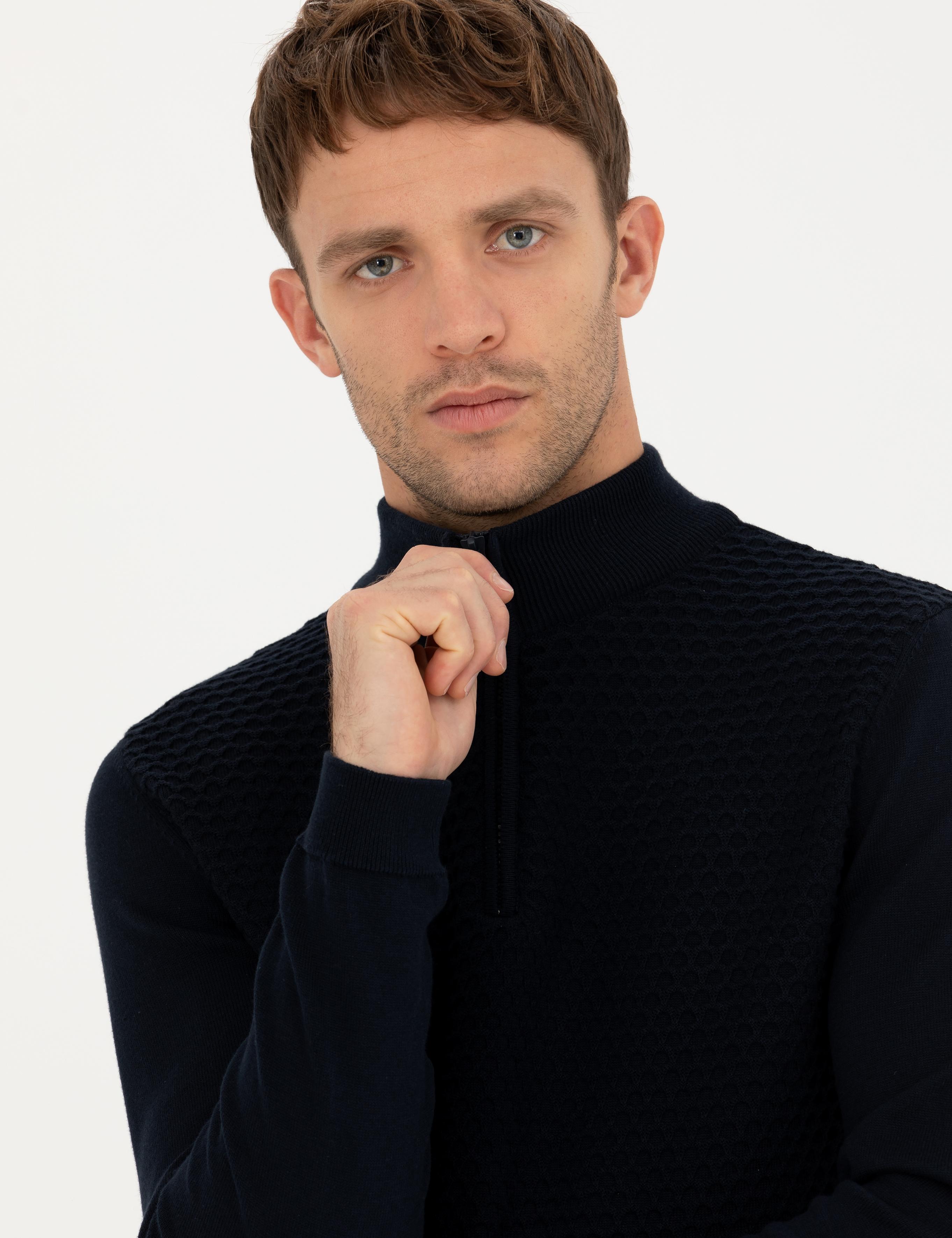 Lacivert Slim Fit Fermuarlı Dik Yaka Triko Kazak