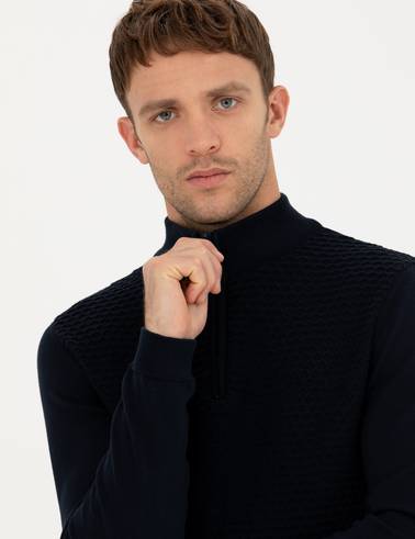 Lacivert Slim Fit Fermuarlı Dik Yaka Triko Kazak