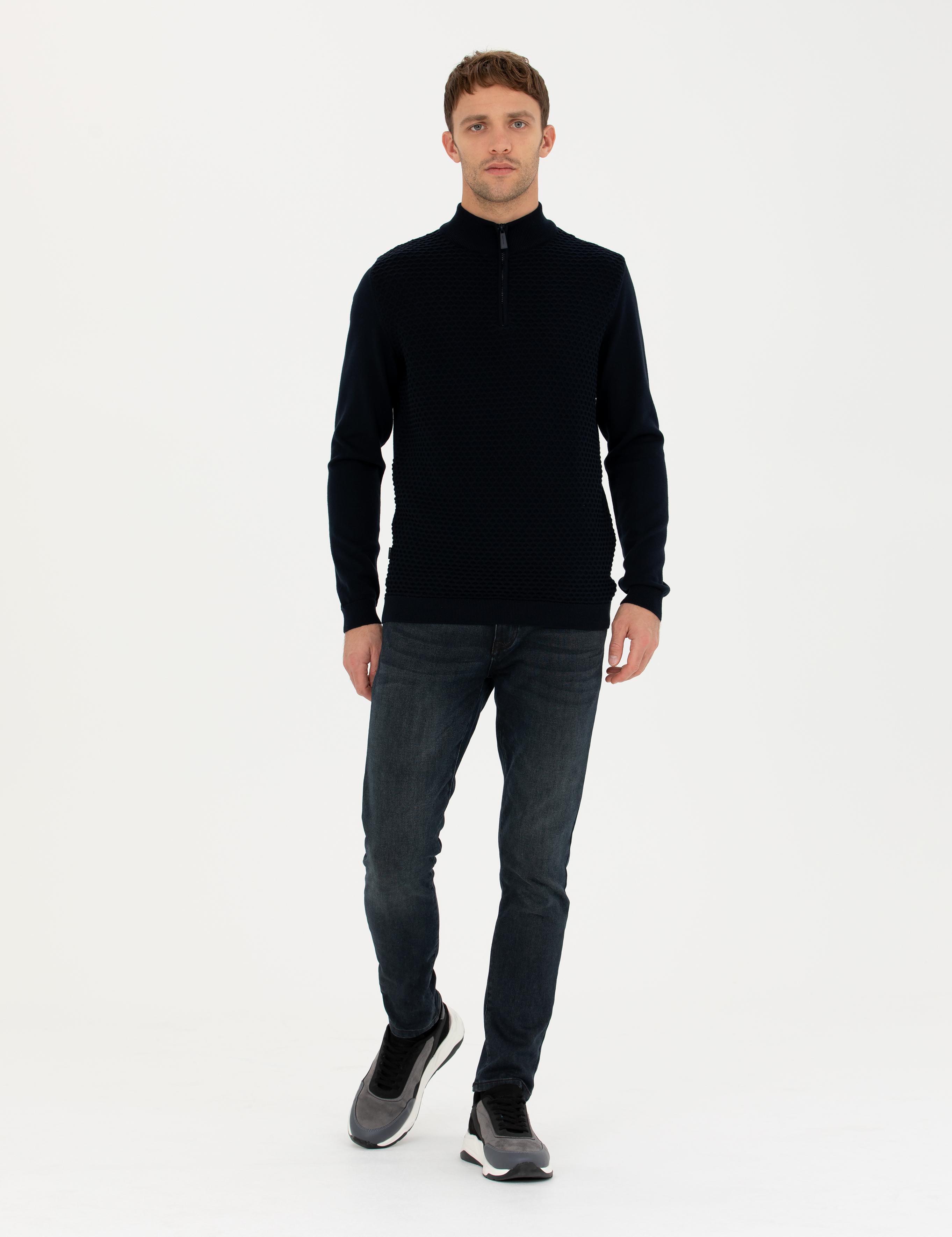 Lacivert Slim Fit Fermuarlı Dik Yaka Triko Kazak