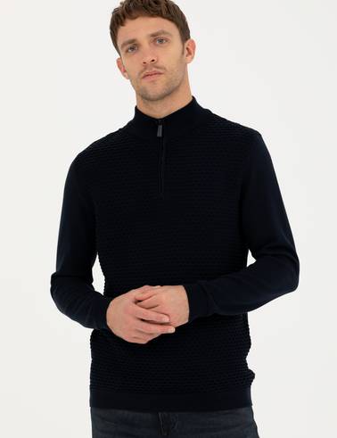 Lacivert Slim Fit Fermuarlı Dik Yaka Triko Kazak