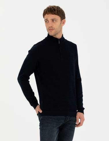 Lacivert Slim Fit Fermuarlı Dik Yaka Triko Kazak