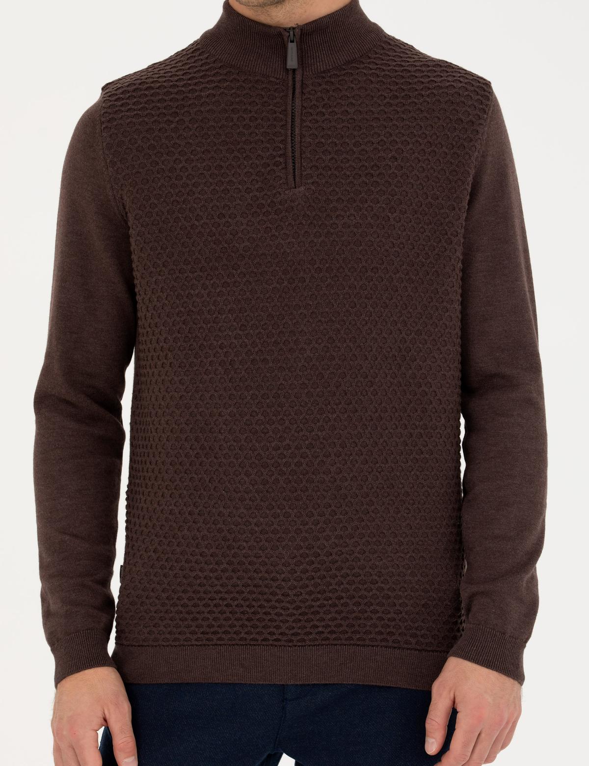 Kahverengi Slim Fit Fermuarlı Dik Yaka Triko Kazak - 50281824018