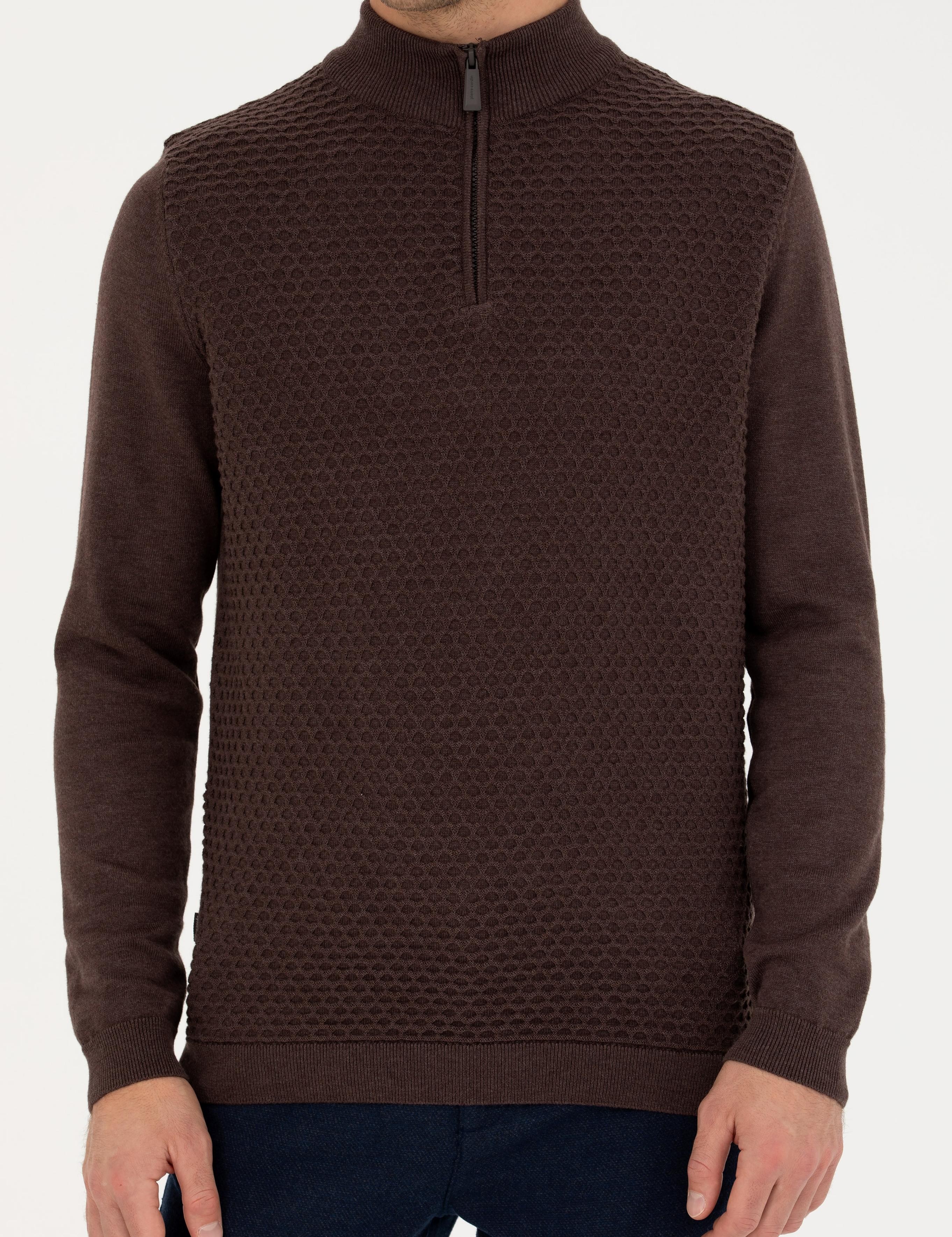 Kahverengi Slim Fit Fermuarlı Dik Yaka Triko Kazak