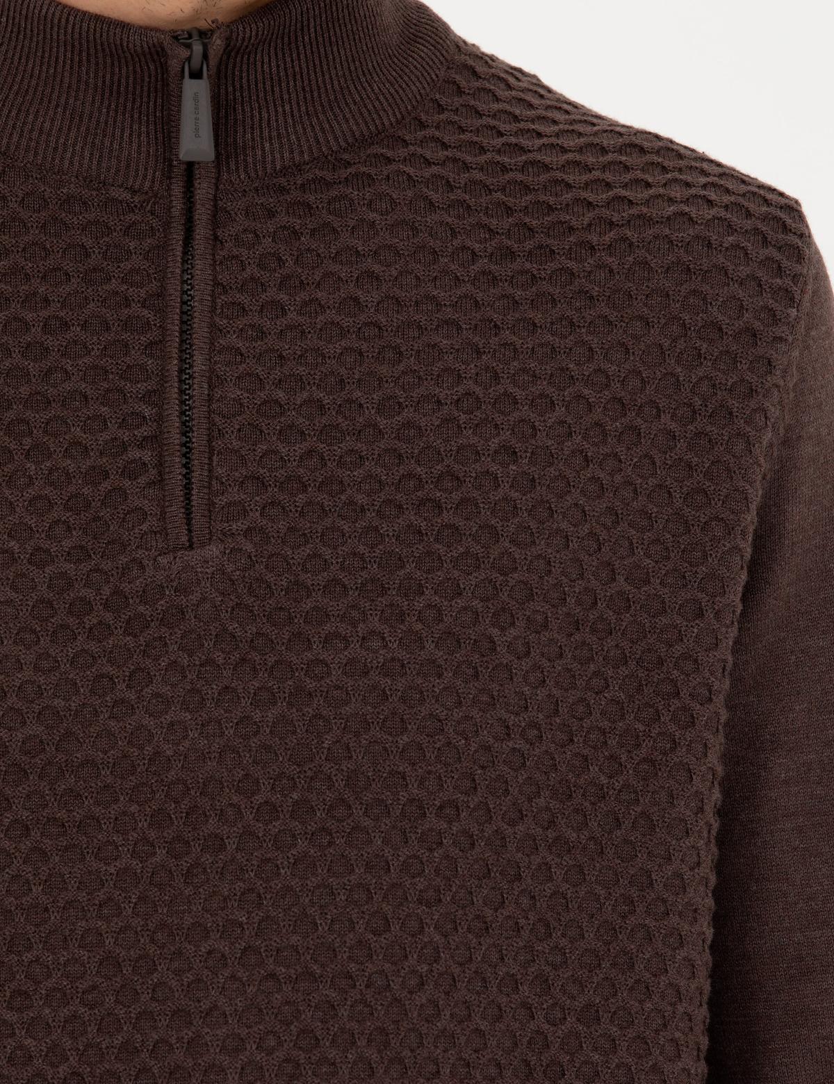 Kahverengi Slim Fit Fermuarlı Dik Yaka Triko Kazak - 50281824018