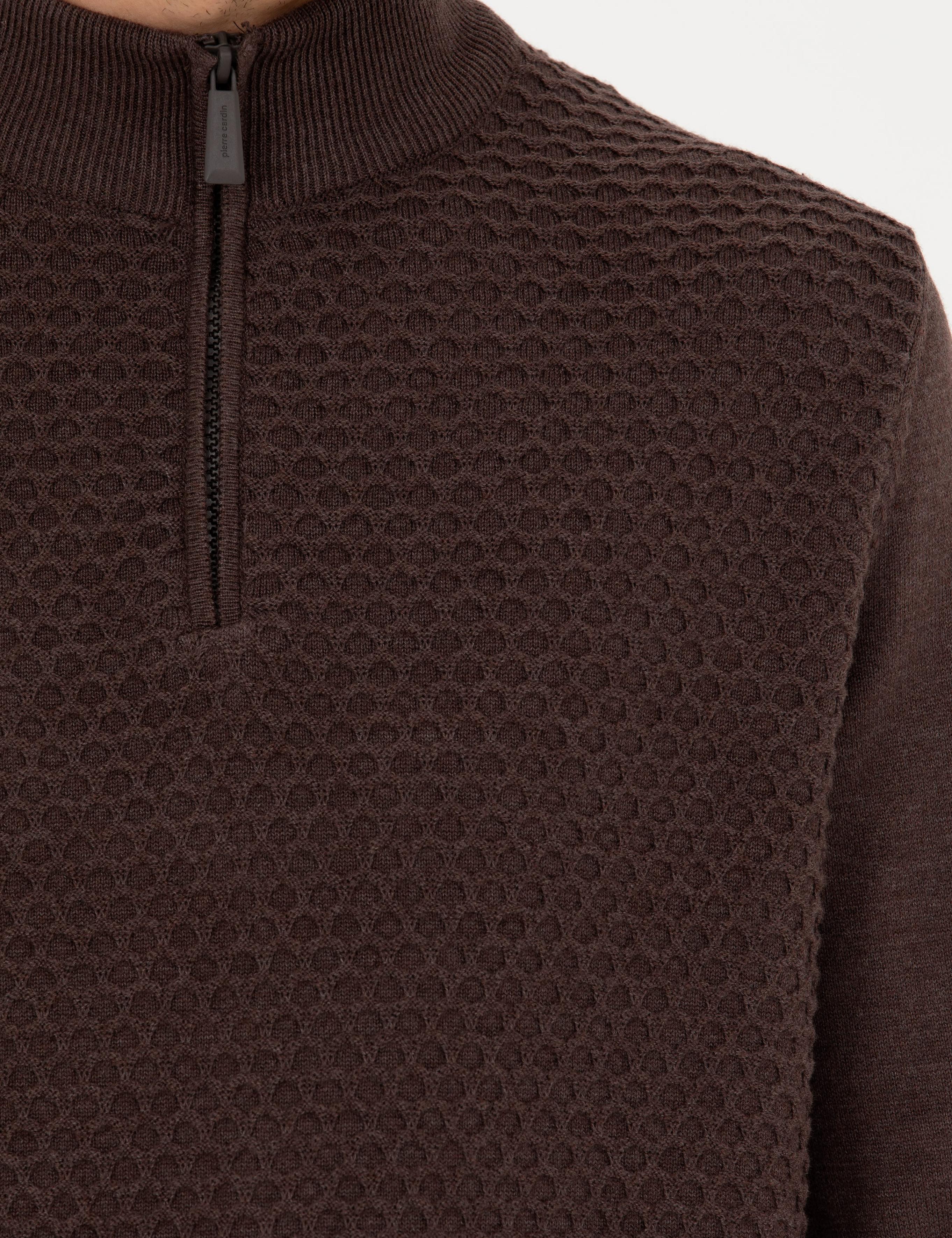 Kahverengi Slim Fit Fermuarlı Dik Yaka Triko Kazak