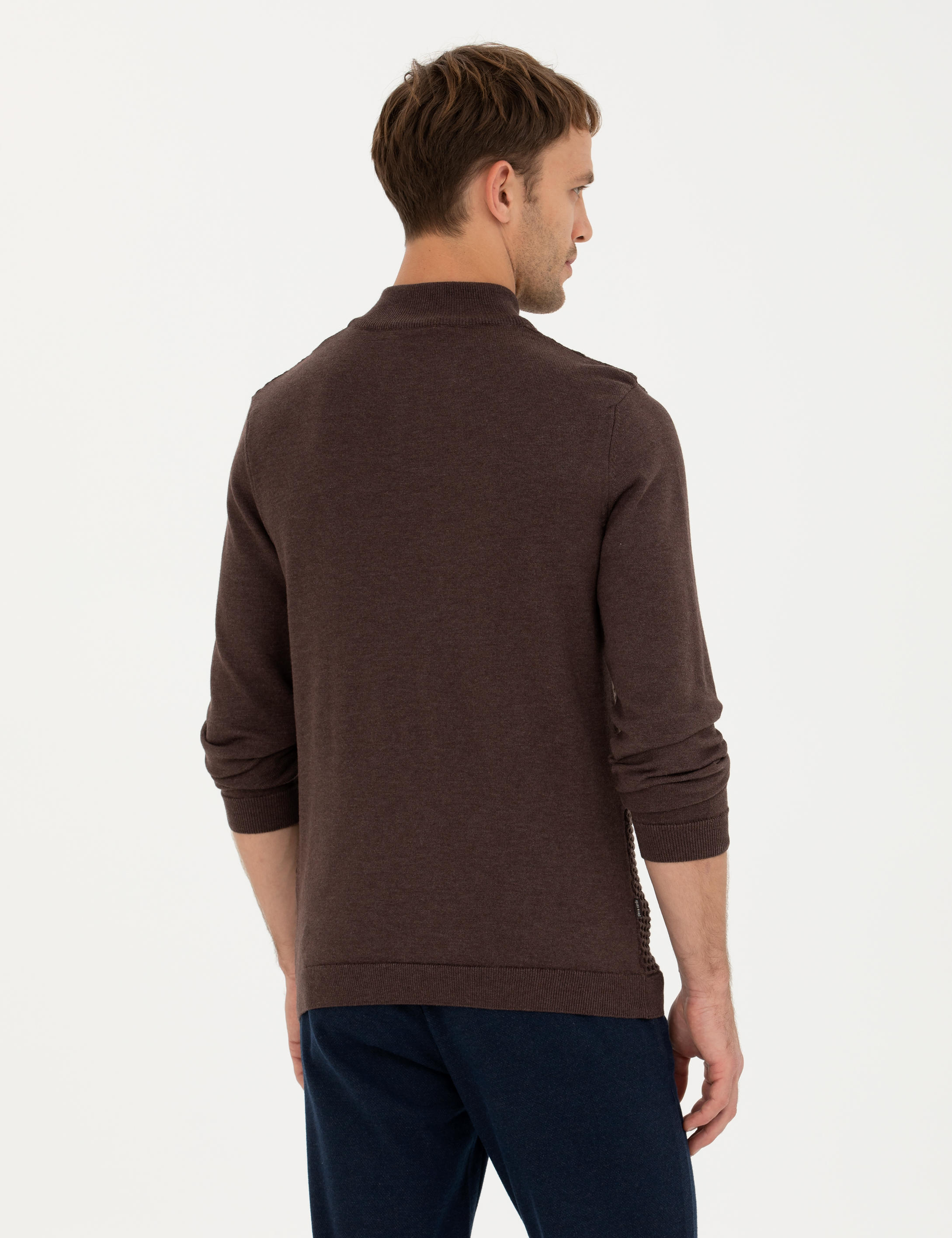 Kahverengi Slim Fit Fermuarlı Dik Yaka Triko Kazak - Image 5