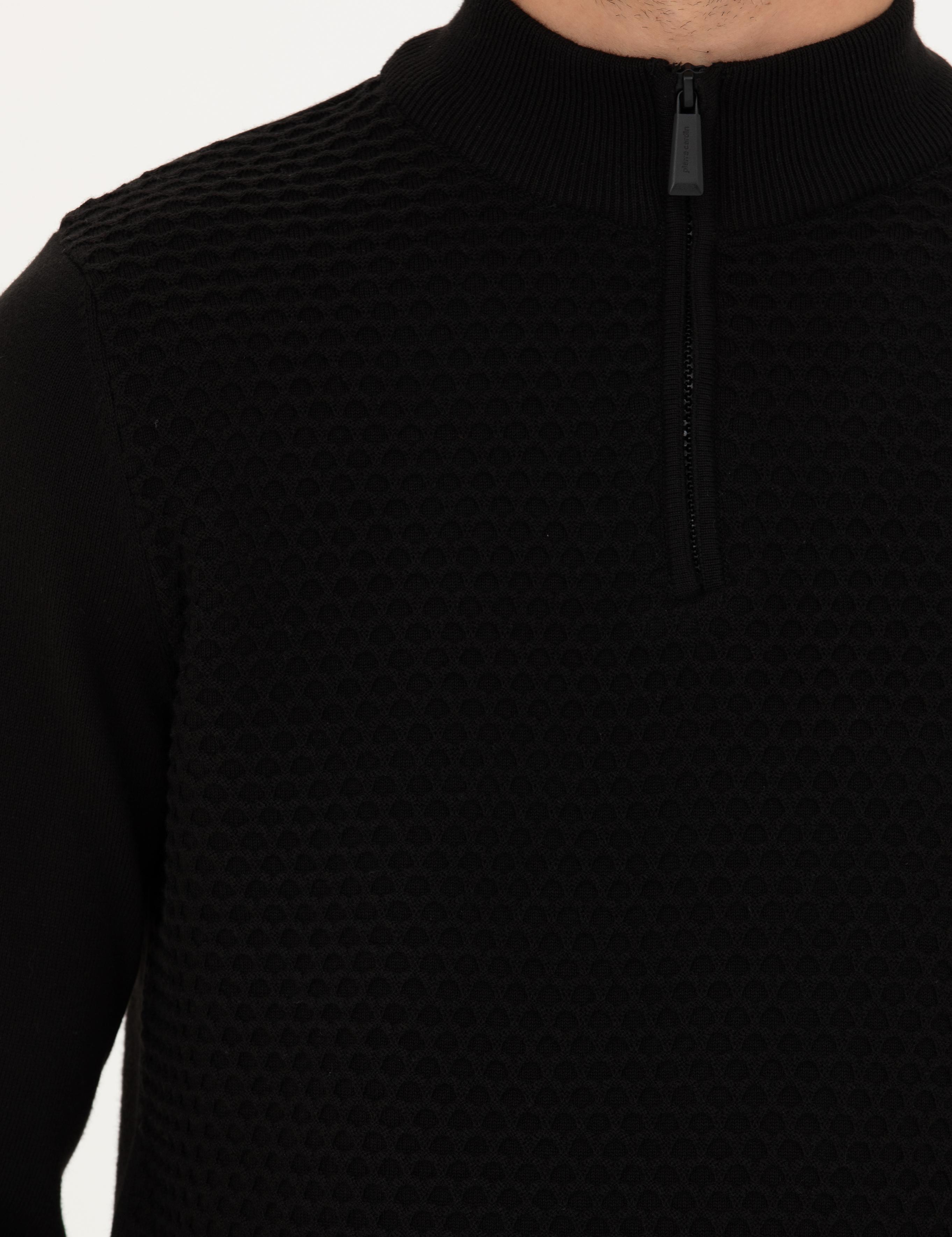 Siyah Slim Fit Fermuarlı Dik Yaka Triko Kazak
