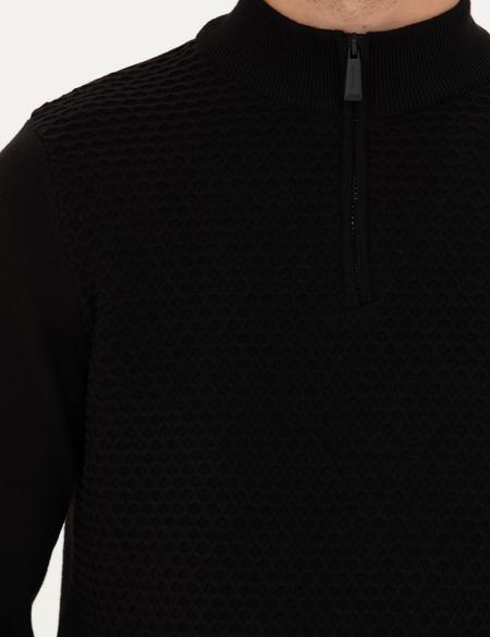 Siyah Slim Fit Fermuarlı Dik Yaka Triko Kazak - 50281824026