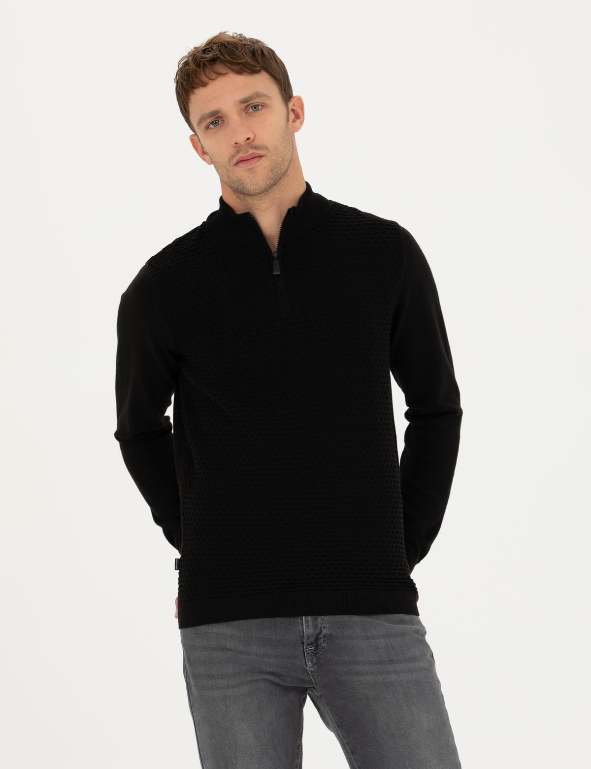 Siyah Slim Fit Fermuarlı Dik Yaka Triko Kazak