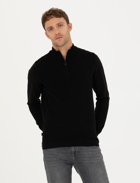 Siyah Slim Fit Fermuarlı Dik Yaka Triko Kazak - 50281824026