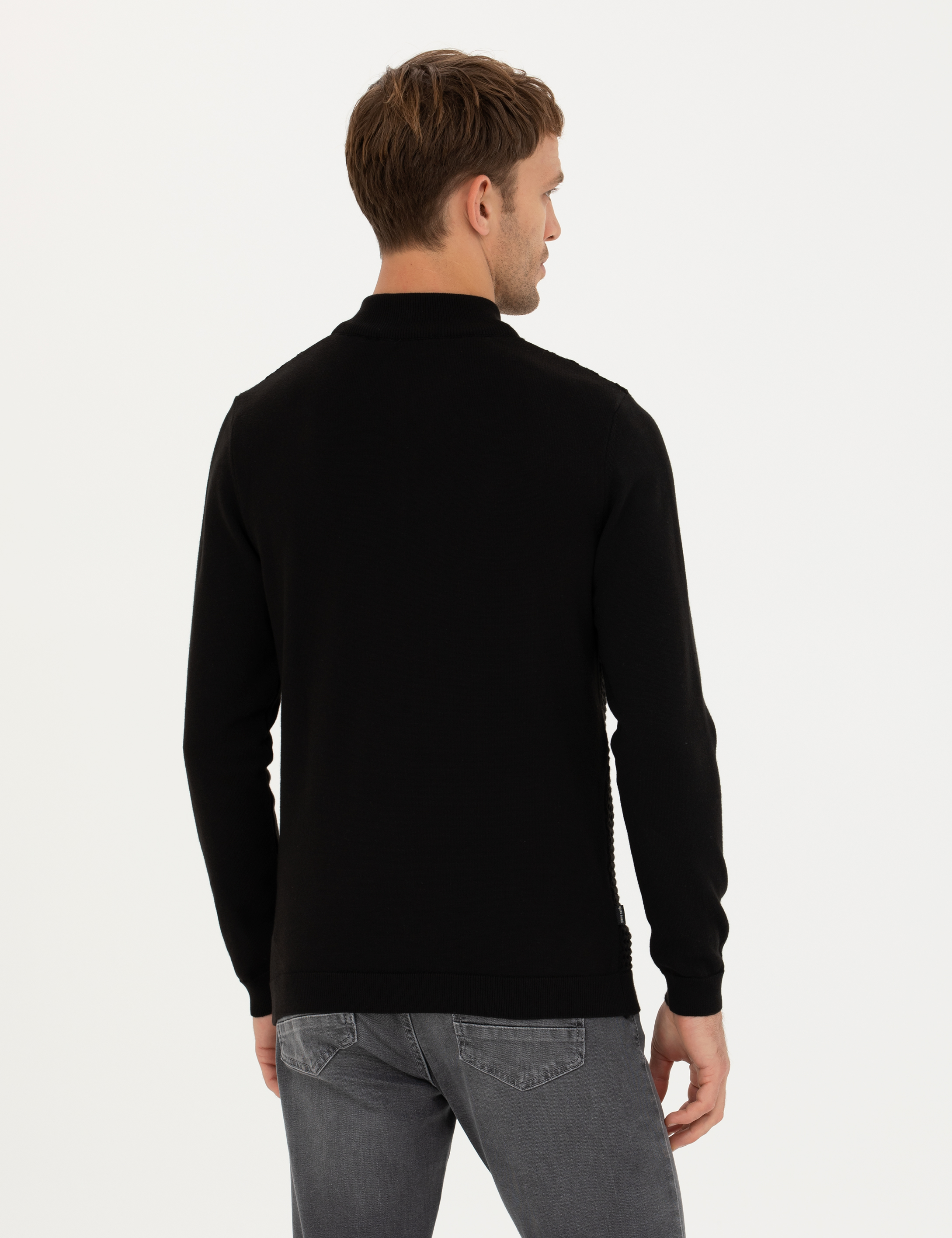 Siyah Slim Fit Fermuarlı Dik Yaka Triko Kazak