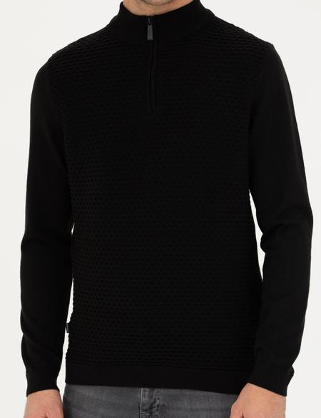 Siyah Slim Fit Fermuarlı Dik Yaka Triko Kazak - 50281824026