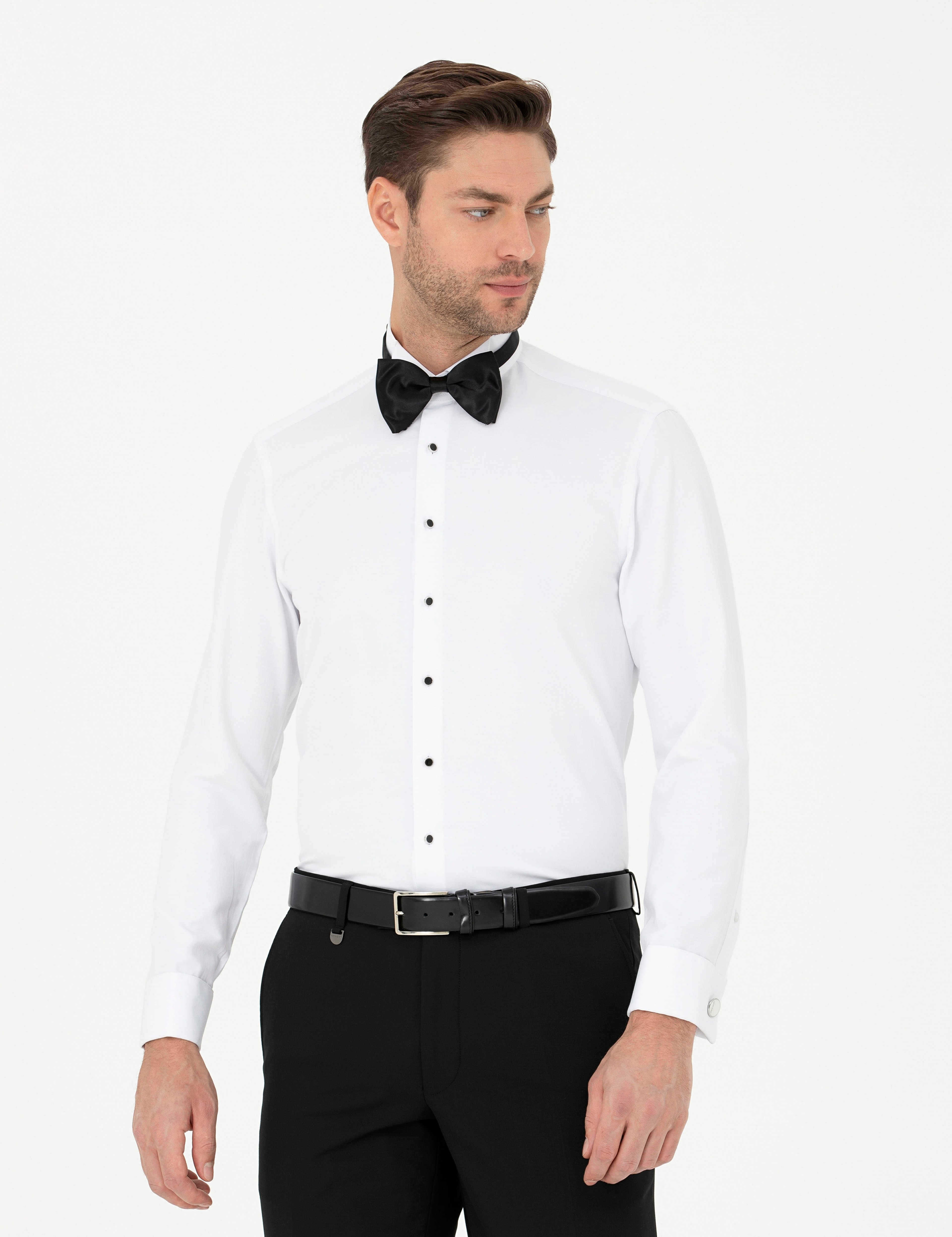 Beyaz Slim Fit Smokin Gömlek - Image 1