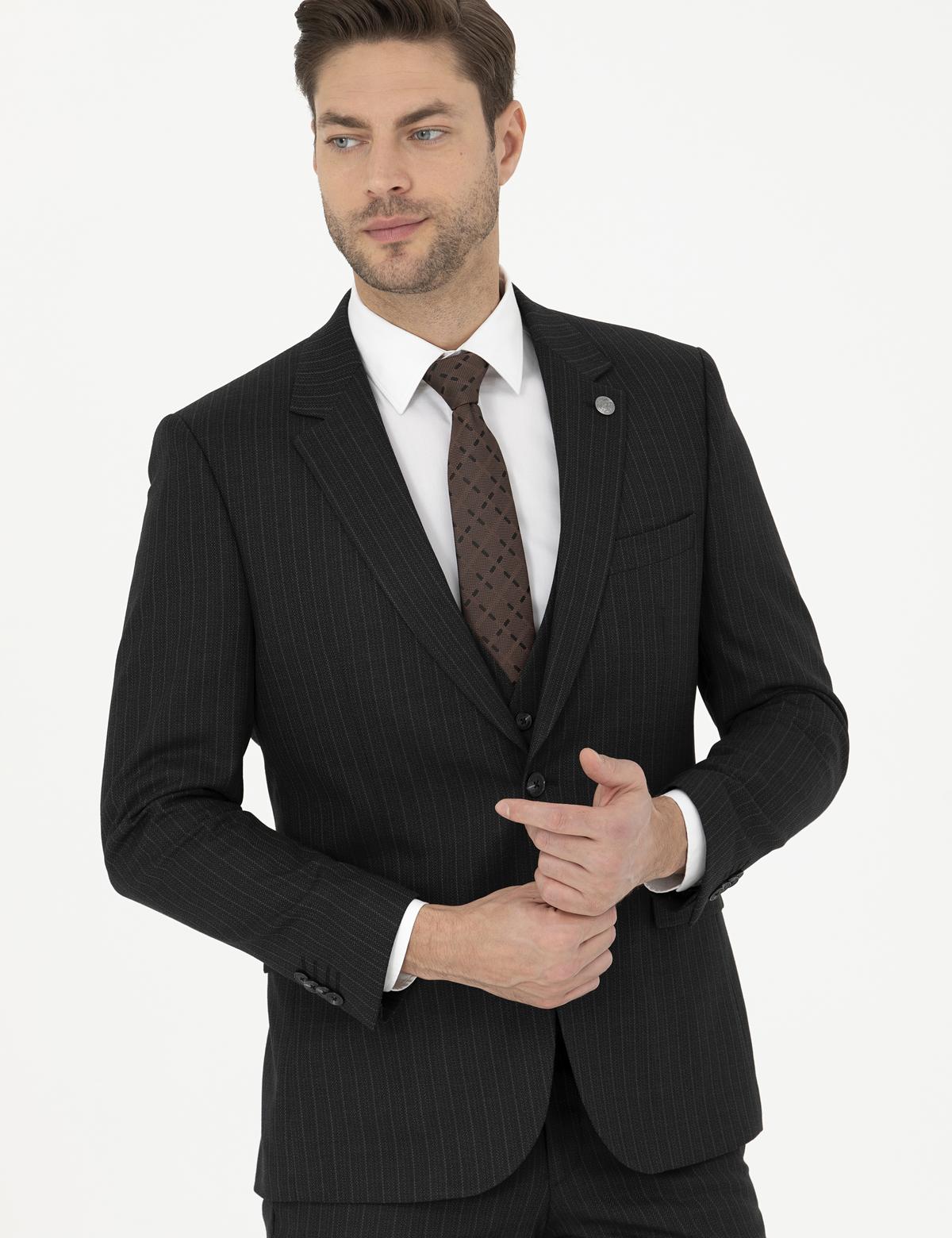 Siyah Slim Fit Çizgili Yelekli Takım Elbise - 50285266026