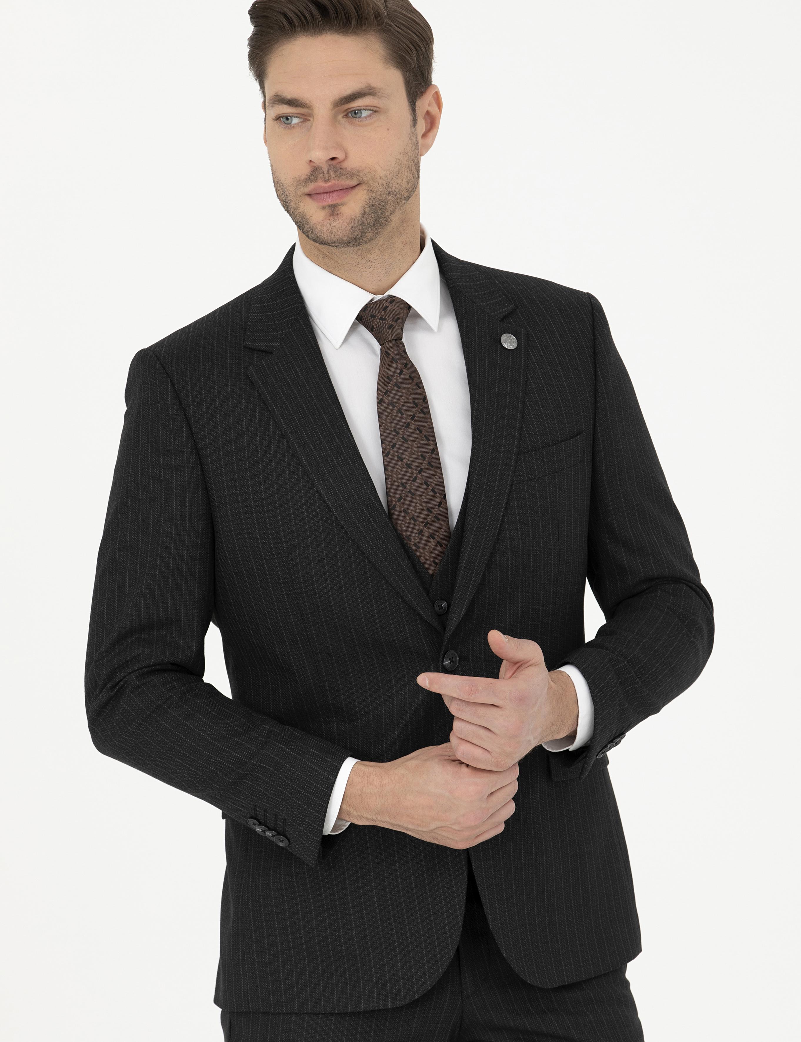 Siyah Slim Fit Çizgili Yelekli Takım Elbise