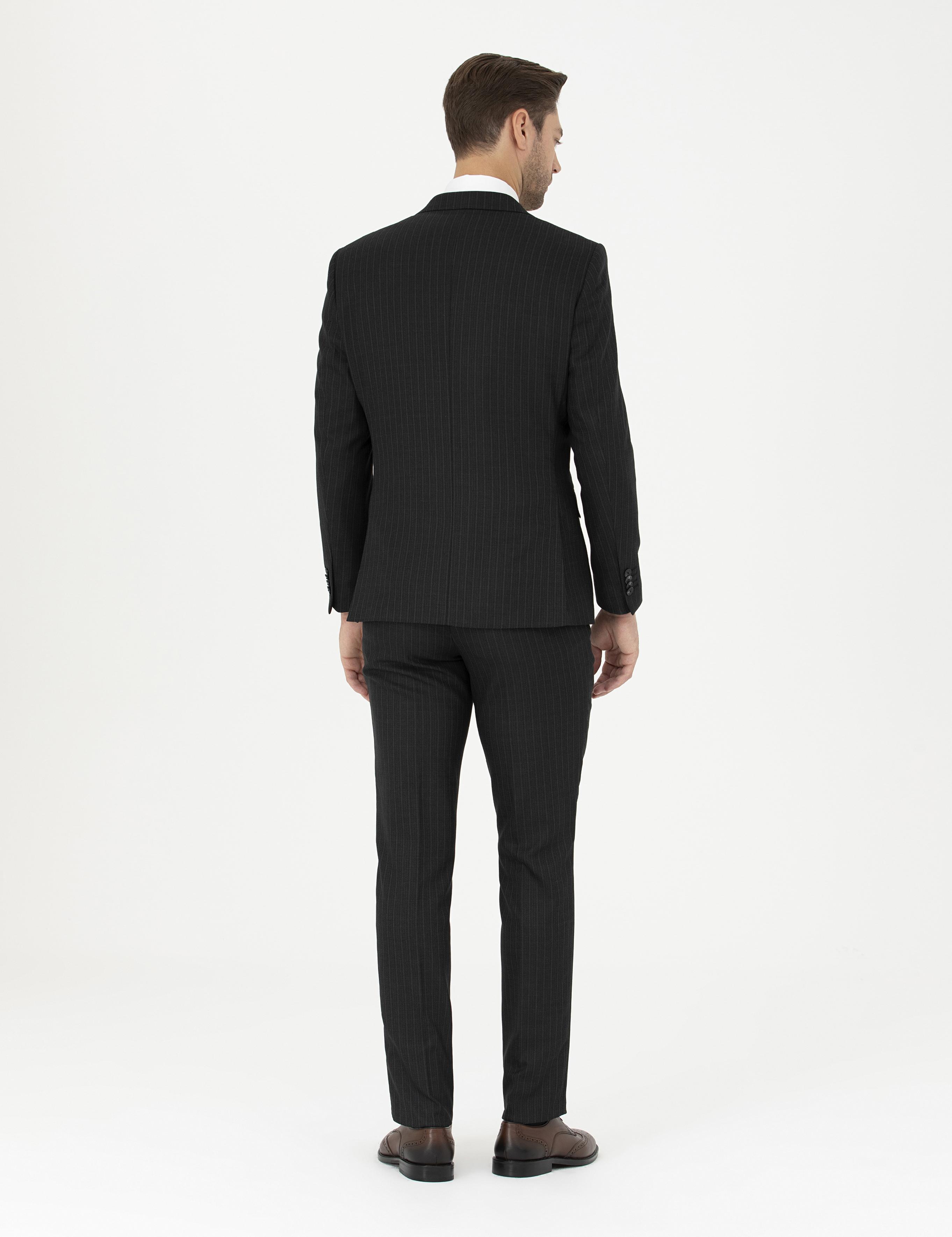 Siyah Slim Fit Çizgili Yelekli Takım Elbise