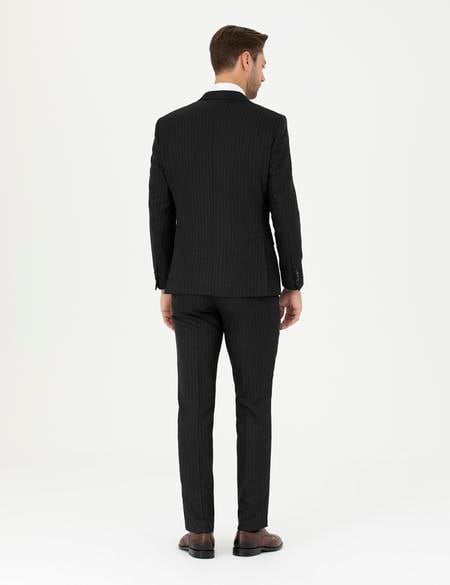 Siyah Slim Fit Çizgili Yelekli Takım Elbise - 50285266026