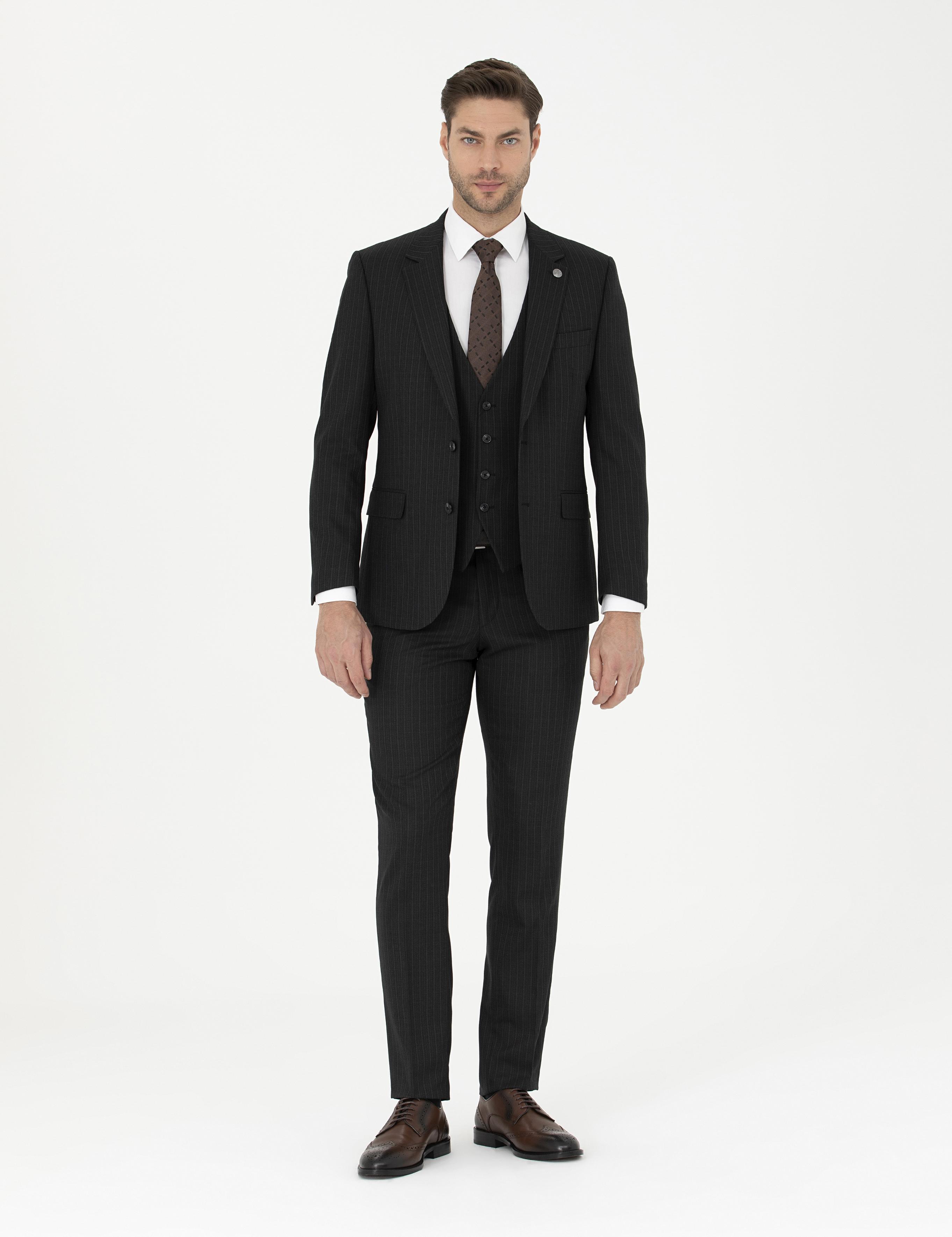 Siyah Slim Fit Çizgili Yelekli Takım Elbise