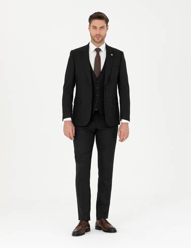 Siyah Slim Fit Çizgili Yelekli Takım Elbise