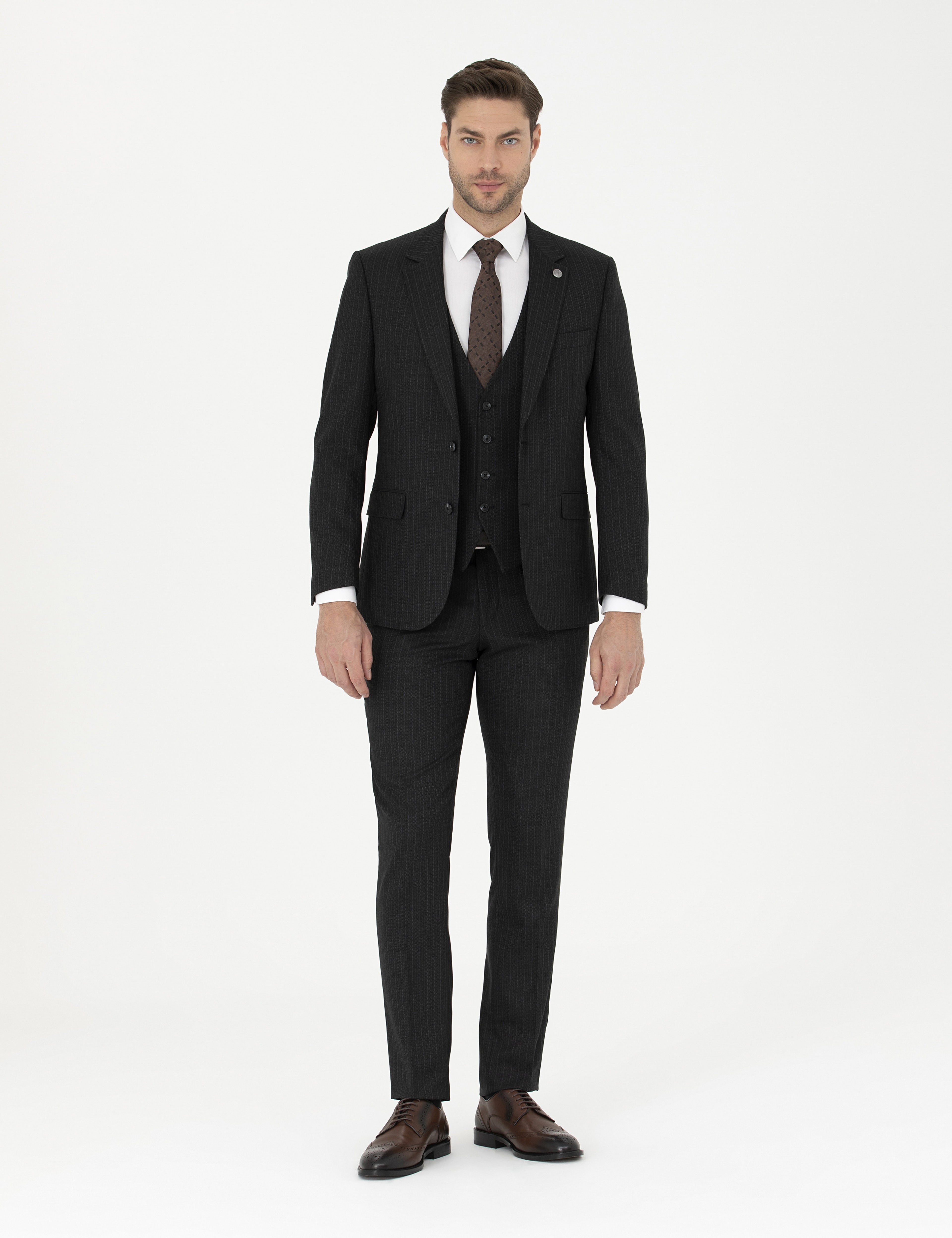 Siyah Slim Fit Çizgili Yelekli Takım Elbise