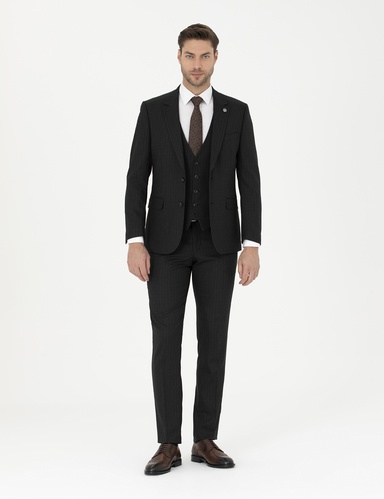 Siyah Slim Fit Çizgili Yelekli Takım Elbise