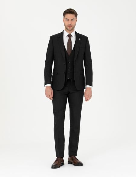 Siyah Slim Fit Çizgili Yelekli Takım Elbise - 50285266026